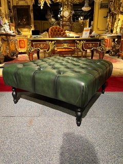 Huge Original Green Chesterfield Hand Dyed Green Leather Footstool