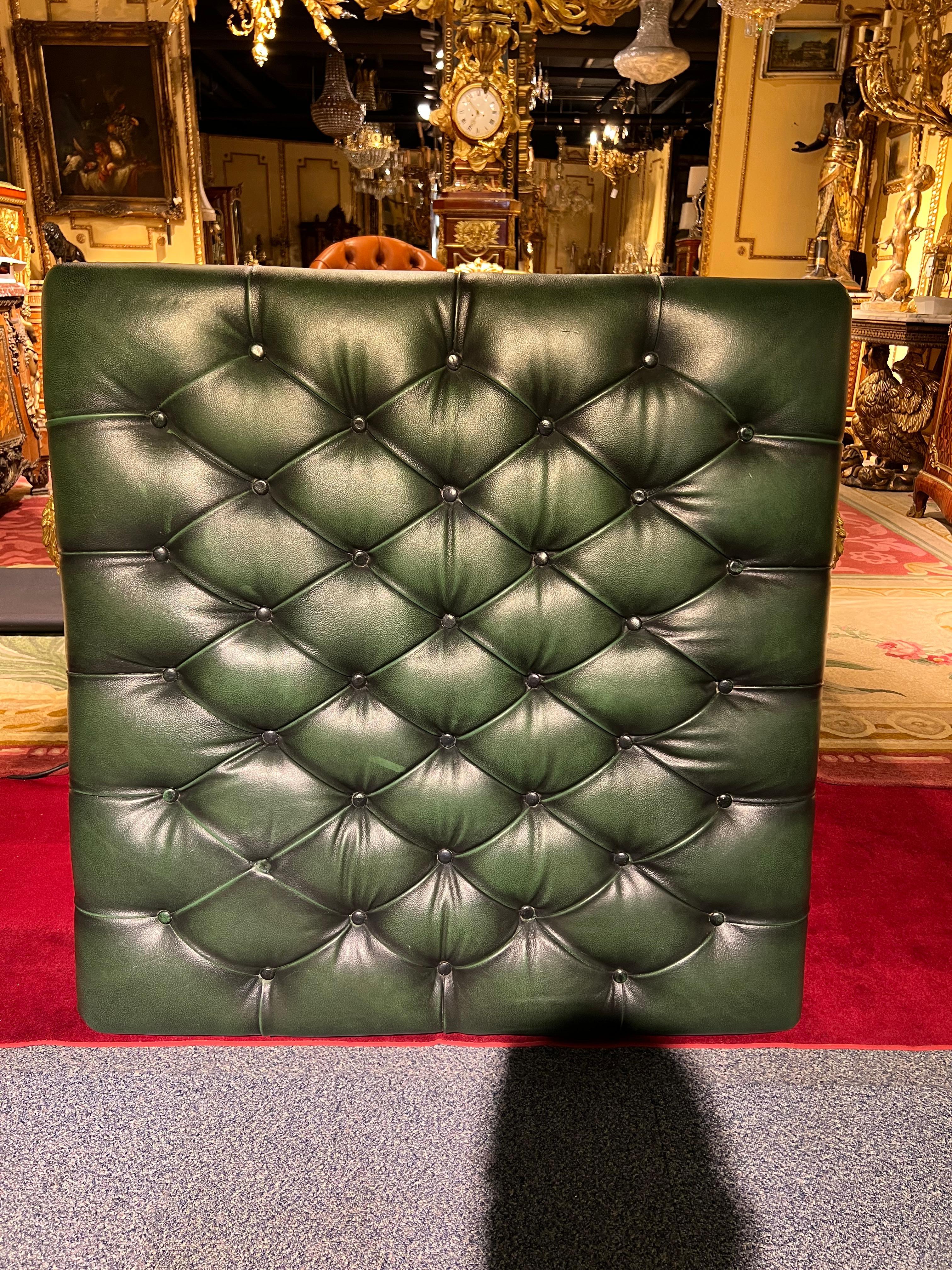 Huge Original Green Chesterfield Hand Dyed Green Leather Footstool For Sale 1