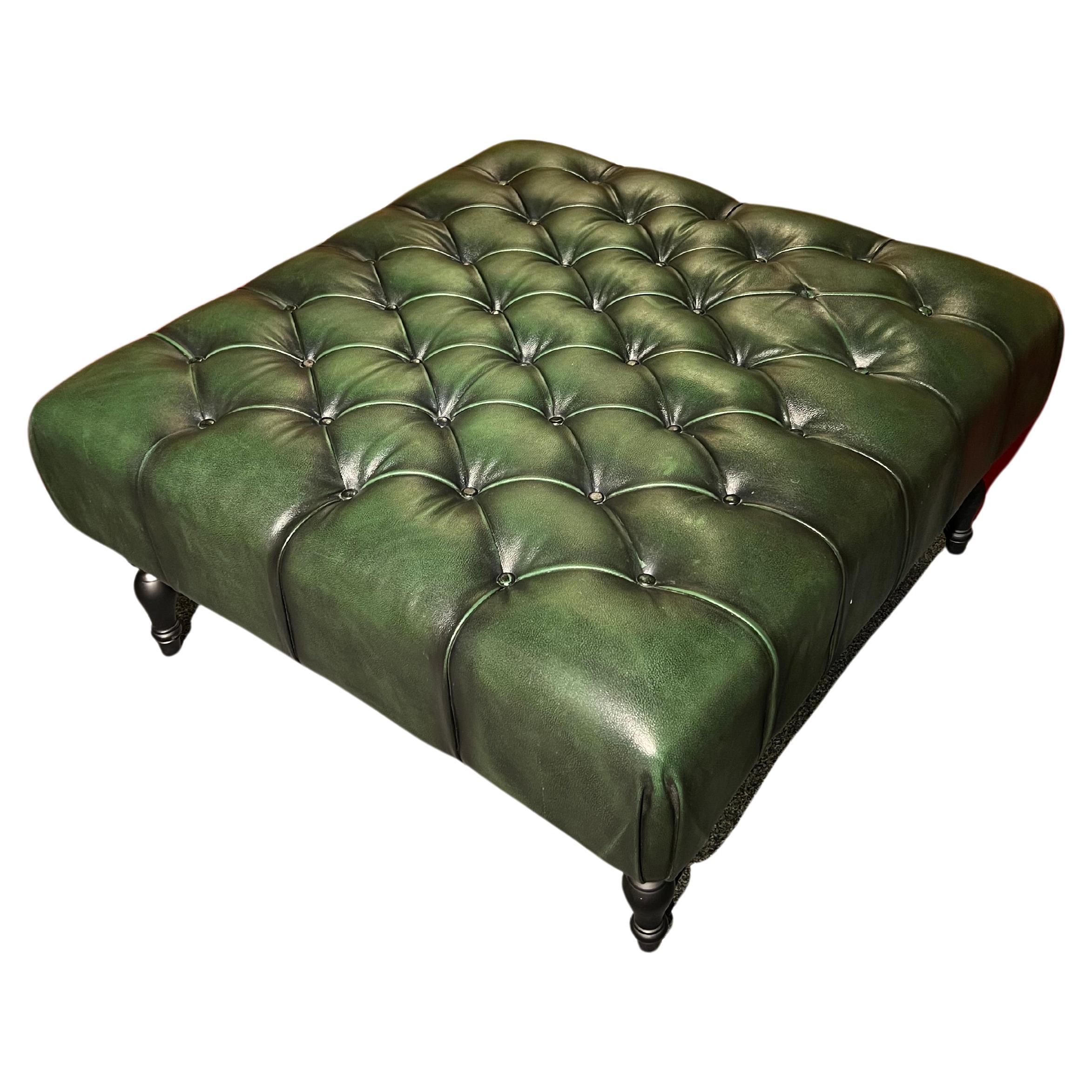 Huge Original Green Chesterfield Hand Dyed Green Leather Footstool For Sale