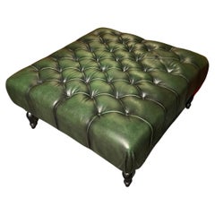 Huge Original Green Chesterfield Hand Dyed Green Leather Footstool