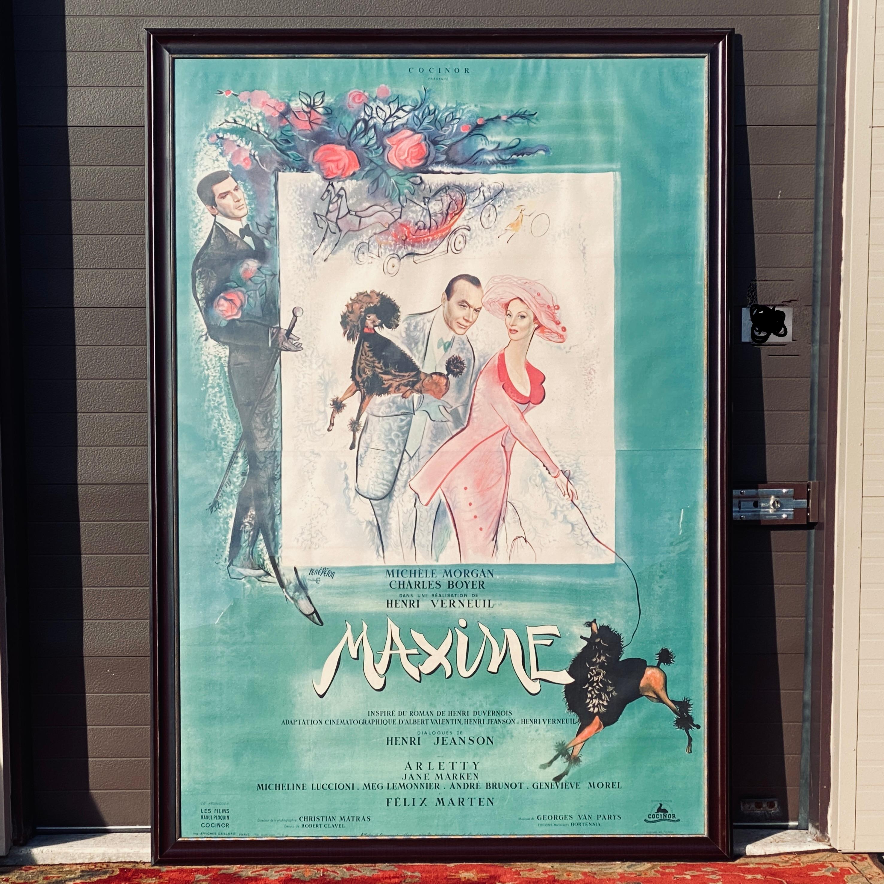 Original 1958 French movie poster by Rene Peron for the film Maxime directed by Henri Verneuil strarring Michèle Morgan and Charles Boyer. Large scale statement piece adds a nice pop of color with a vibrant scene featuring the poodle dog and actors.