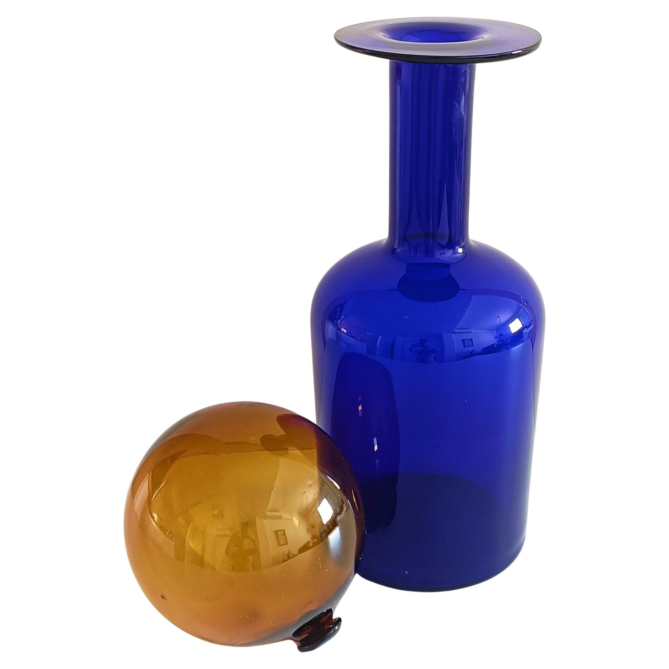 Art Glass Huge Otto Brauer for Holmegaard Cobalt Blue Hand Blown Bottle and Stopper, 1960s