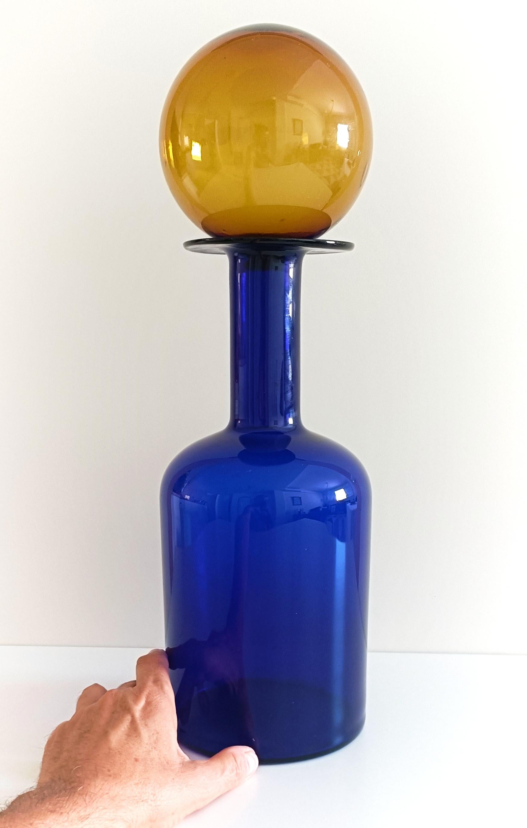 Scandinavian Modern Huge Otto Brauer for Holmegaard Cobalt Blue Hand Blown Bottle and Stopper, 1960s