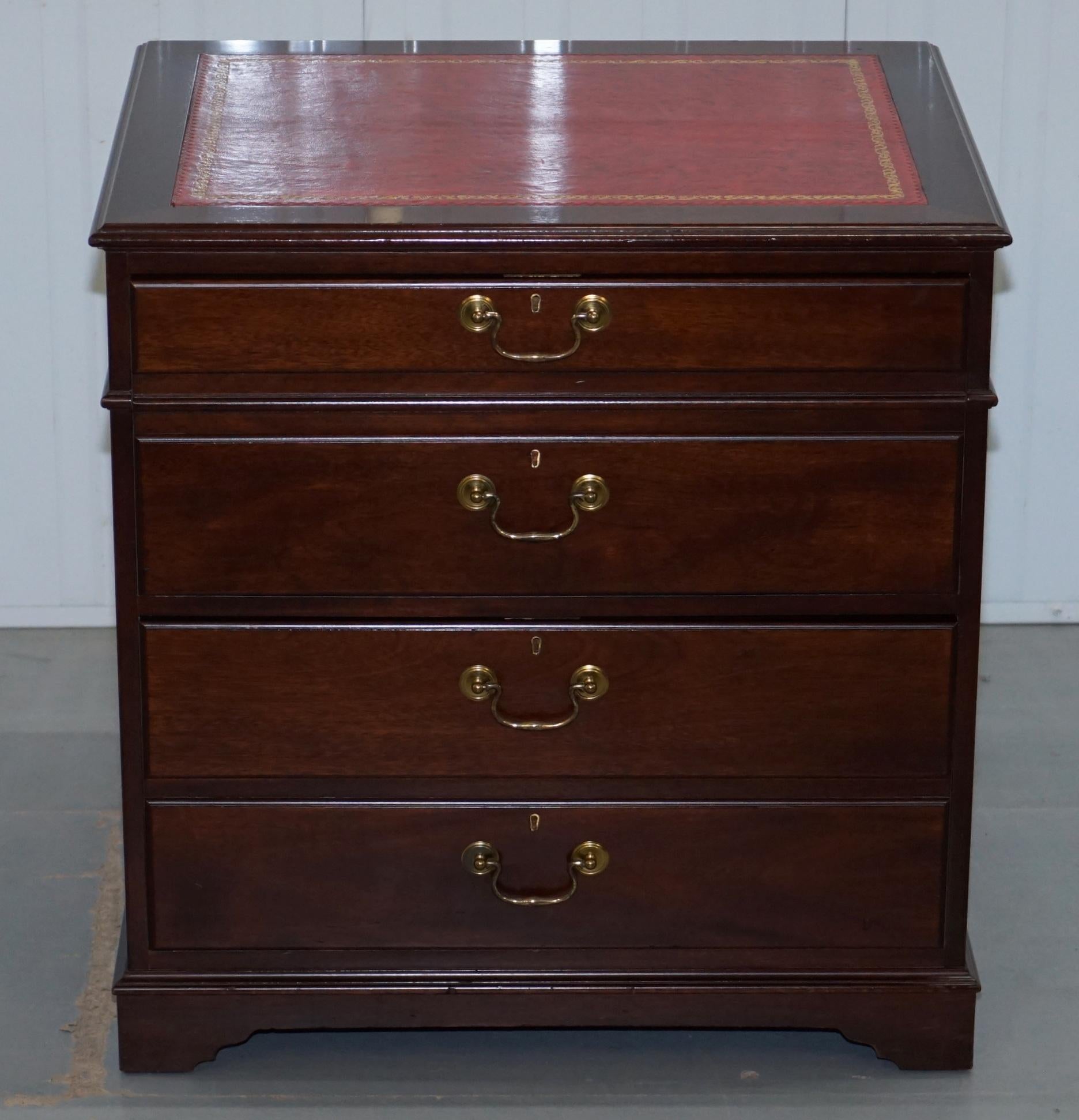 We are delighted to offer for sale this lovely very large Mahogany with oxblood leather writing surface filing cabinet

The oxblood leather writing surface is gold tooled and it has a nice vintage patina to it as does the mahogany frame which is
