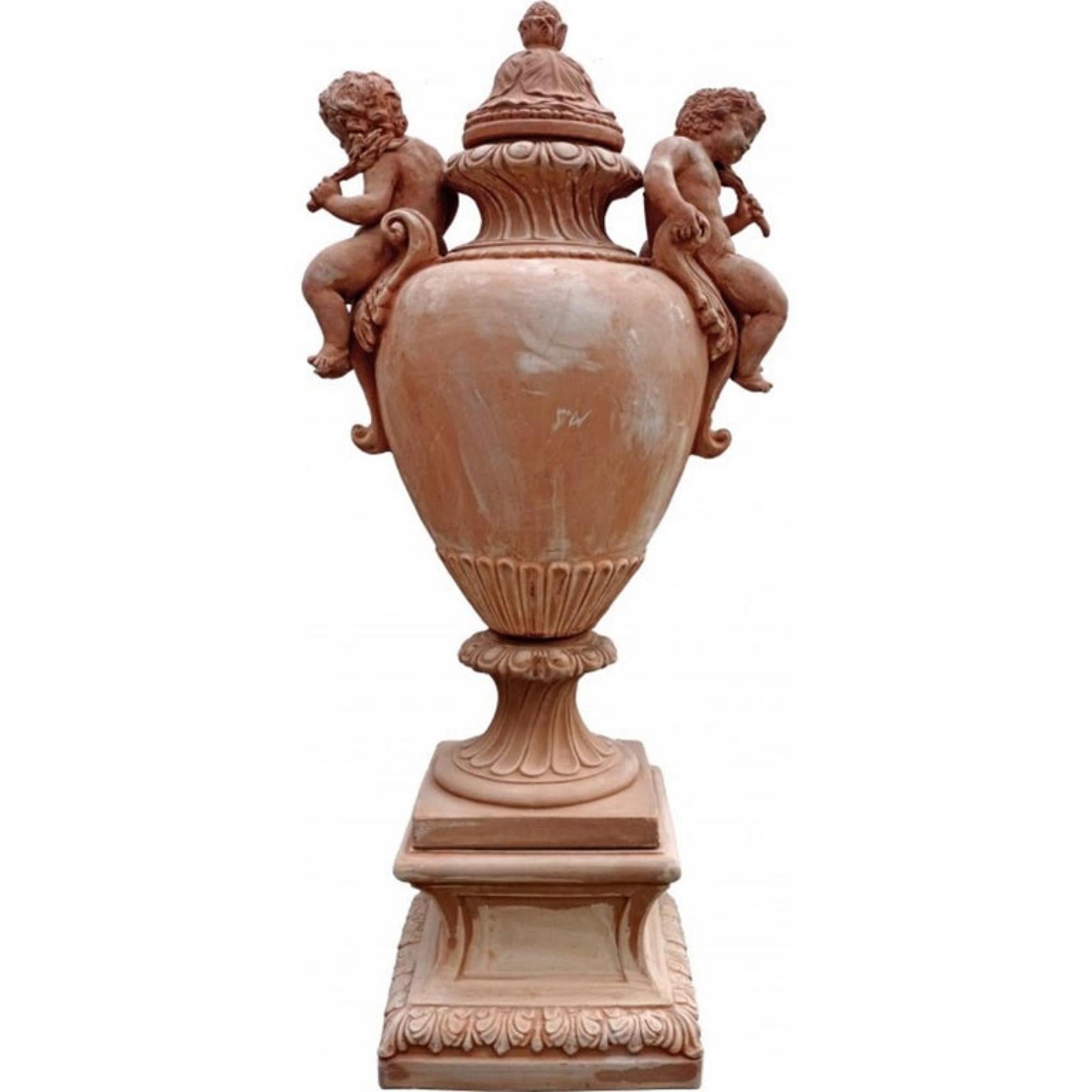 Classical Roman Huge Pair Baroque Vases with Putti, Terracotta, Late 19th / 20th Century For Sale