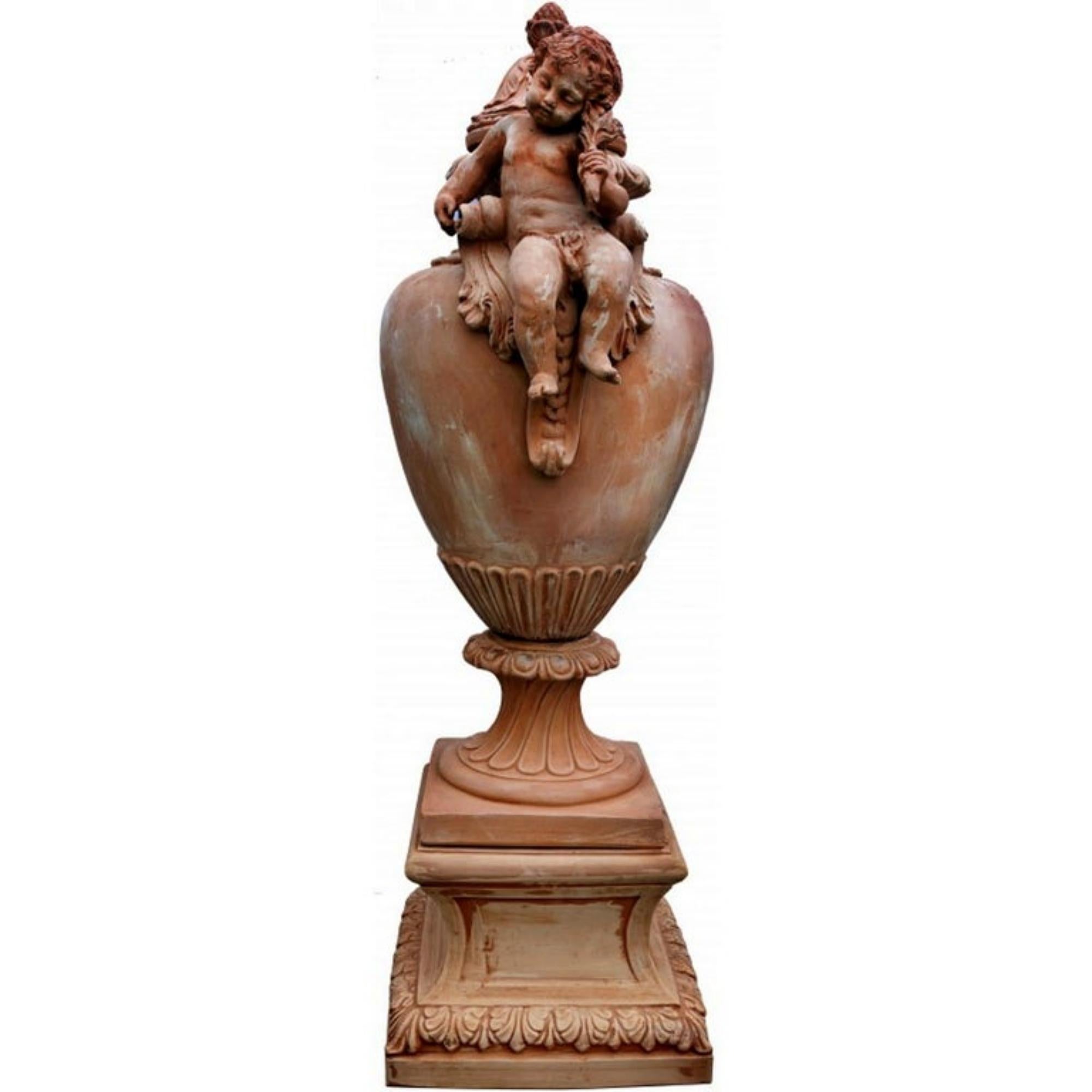Italian Huge Pair Baroque Vases with Putti, Terracotta, Late 19th / 20th Century For Sale
