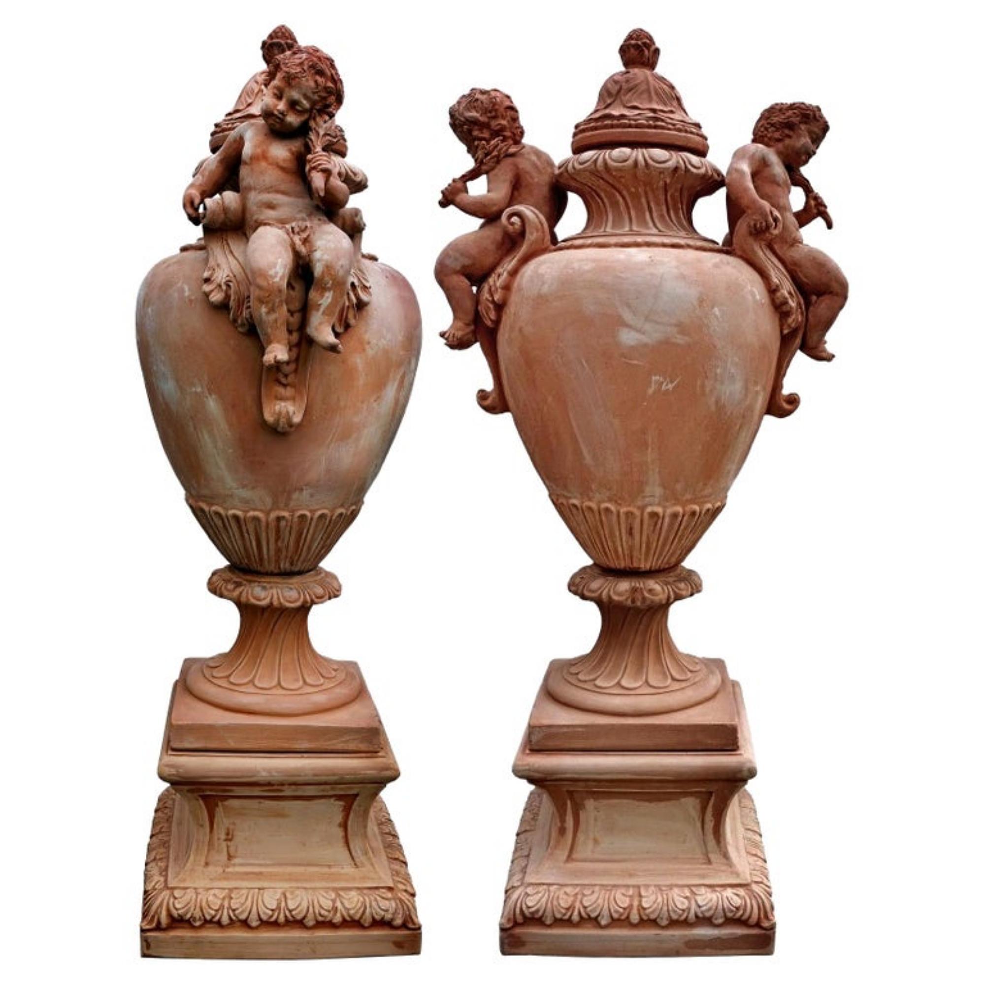 Hand-Crafted Huge Pair Baroque Vases with Putti, Terracotta, Late 19th / 20th Century For Sale