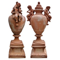 Huge Pair Baroque Vases with Putti, Terracotta, Late 19th / 20th Century