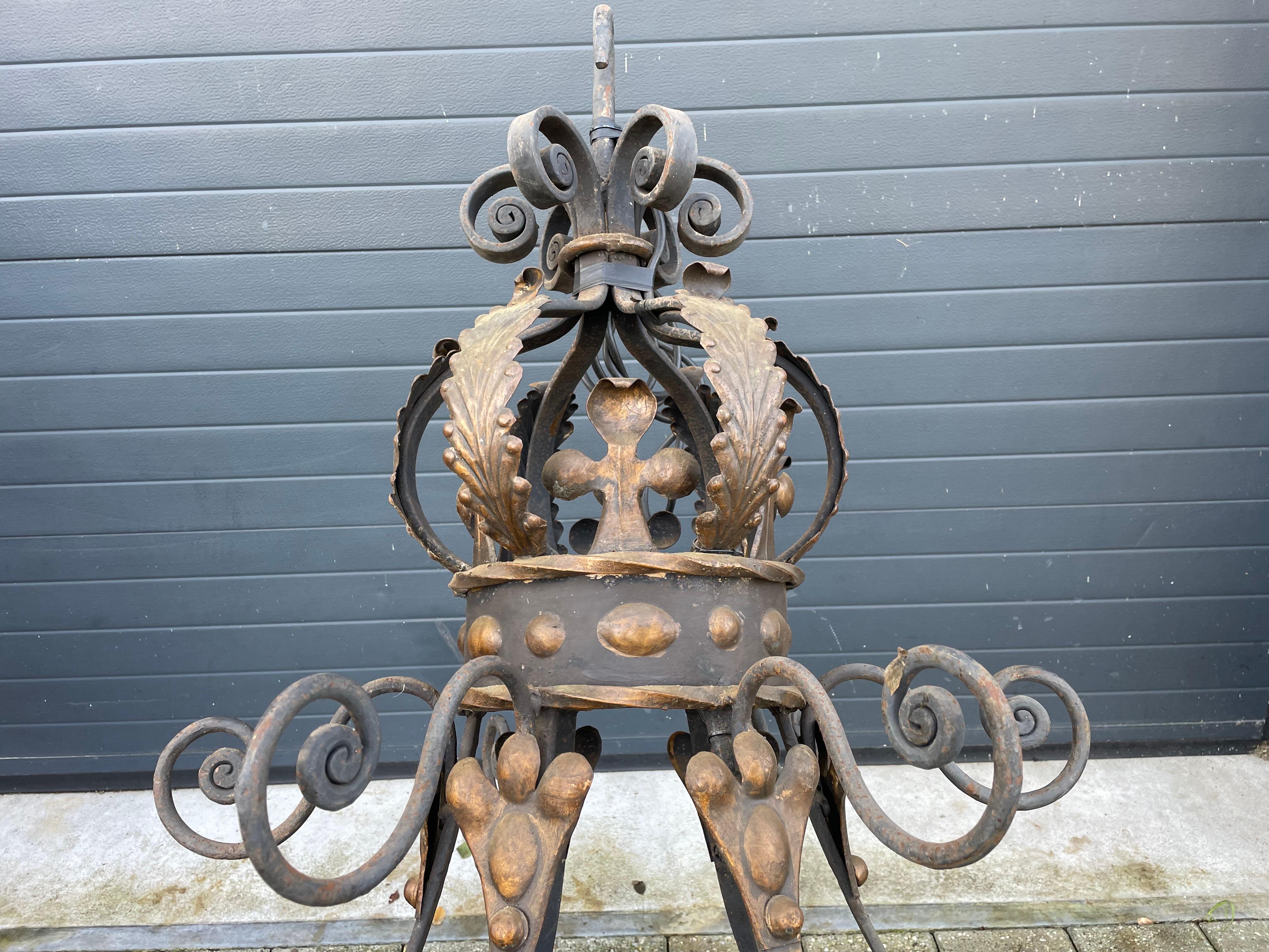 HUGE Pair of 13-Light Handforged Wrought Iron Castle Chandeliers w. Gothic Crown For Sale 7
