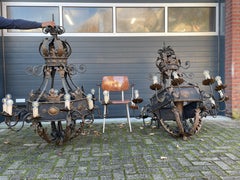 HUGE Pair of 13-Light Handforged Wrought Iron Castle Chandeliers w. Gothic Crown