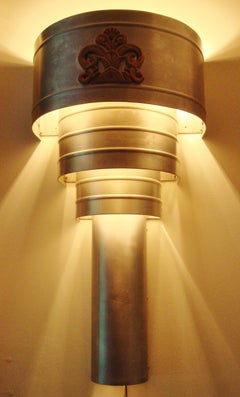 Huge Pair of American Art Deco Theater Sconces in Brushed Aluminium and Bronze.