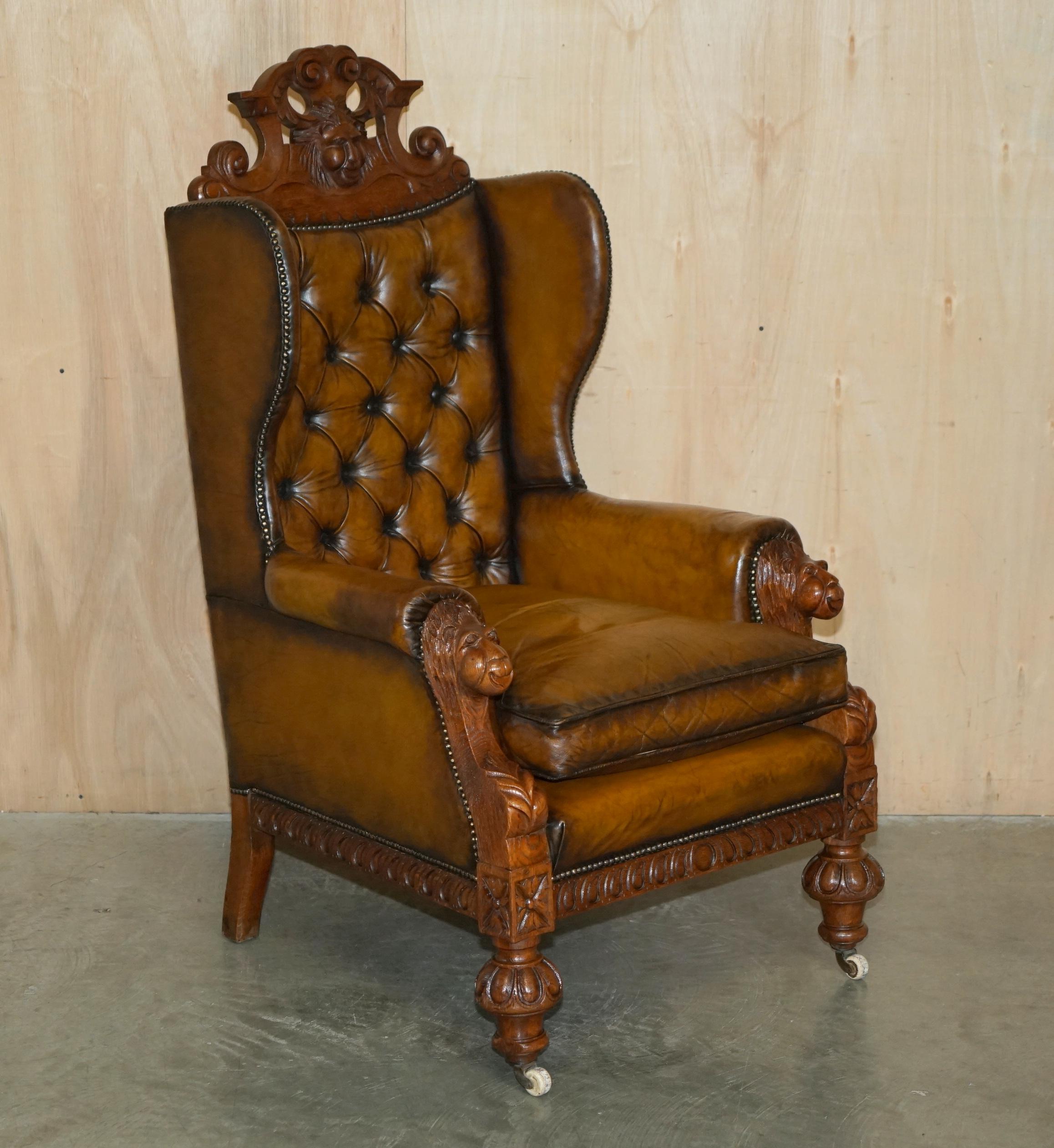 Royal House Antiques

Royal House Antiques is delighted to offer for sale this stunning pair of Antique hand carved oversized throne armchairs depicting Lion's heads for the arms and above the headrest with hand dyed brown leather Chesterfield