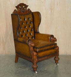 RIESIGES PAAR VON ANTiQUE VICTORIAN LÖWEN GESCHNITZELT CHESTERFIELD BROWN LEATHER ARMCHAIRS