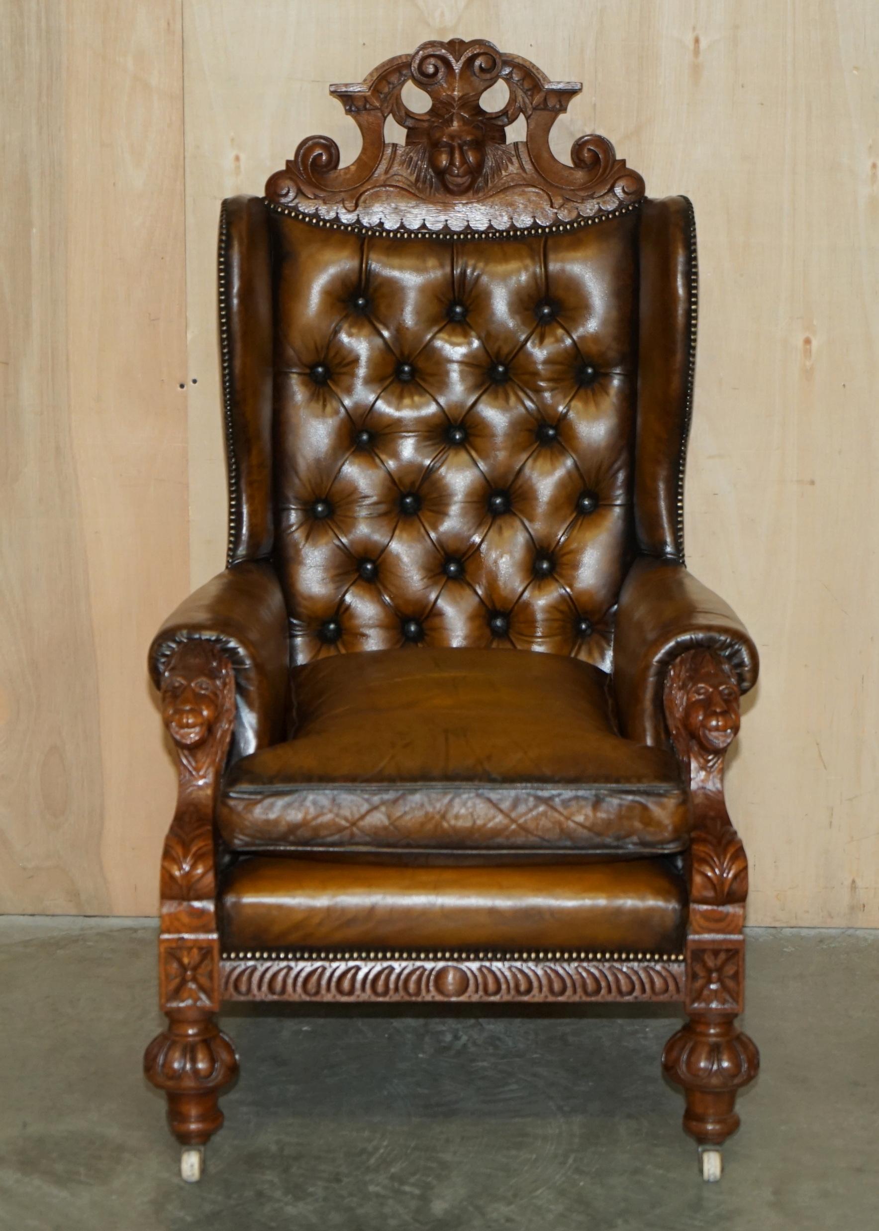 Victorian HUGE PAIR OF ANTiQUE VICTORIAN LION CARVED CHESTERFIELD BROWN LEATHER ARMCHAIRS For Sale