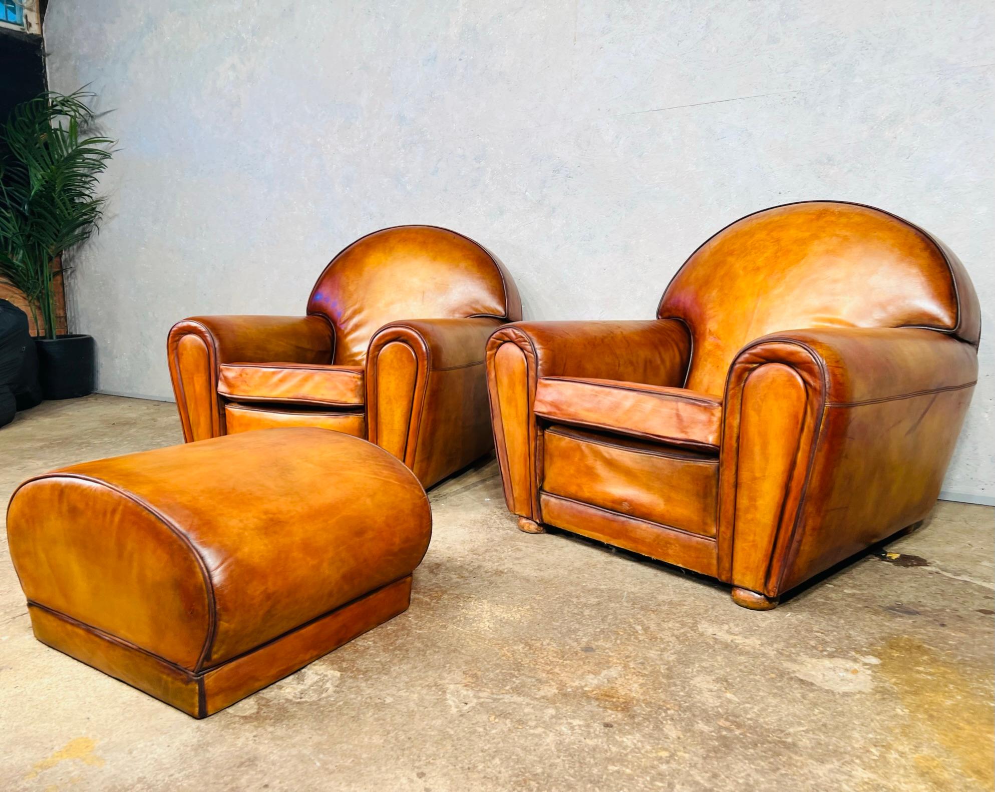 Huge Pair of Art Deco Leather Club Chairs Armchairs and Foot Stool 1940s #668 In Good Condition In Lewes, GB