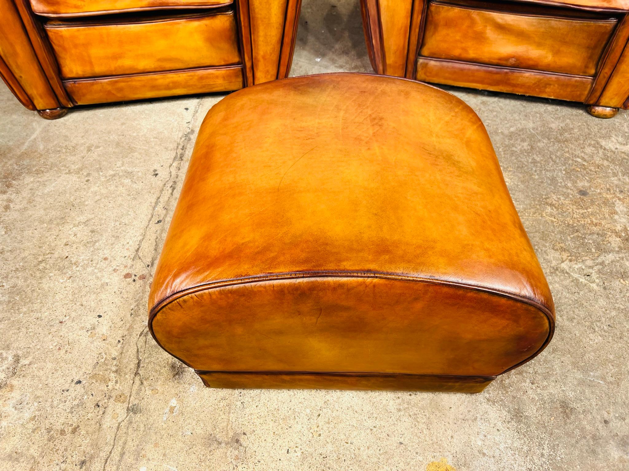20th Century Huge Pair of Art Deco Leather Club Chairs Armchairs and Foot Stool 1940s #668