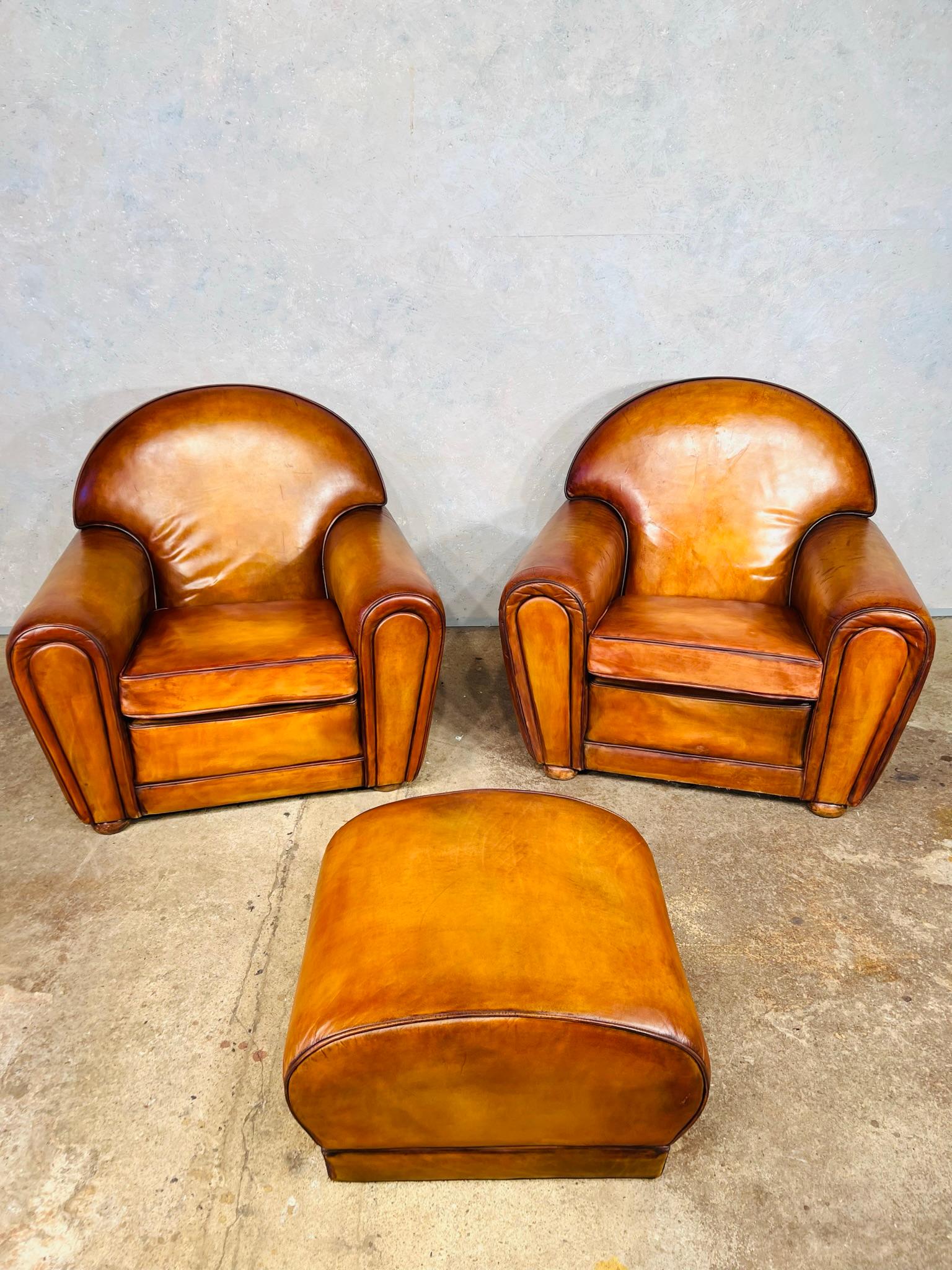 Huge Pair of Art Deco Leather Club Chairs Armchairs and Foot Stool 1940s #668 1