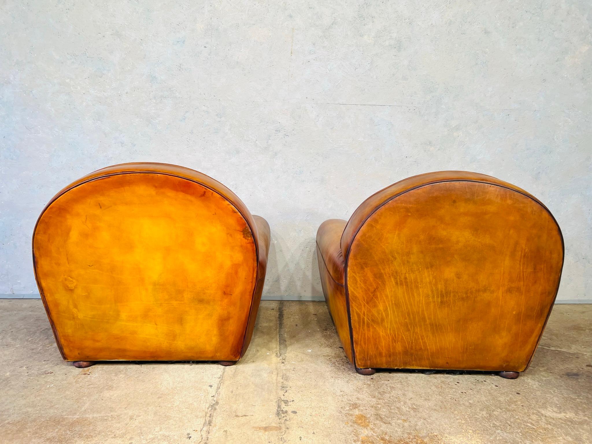 Huge Pair of Art Deco Leather Club Chairs Armchairs and Foot Stool 1940s #668 5