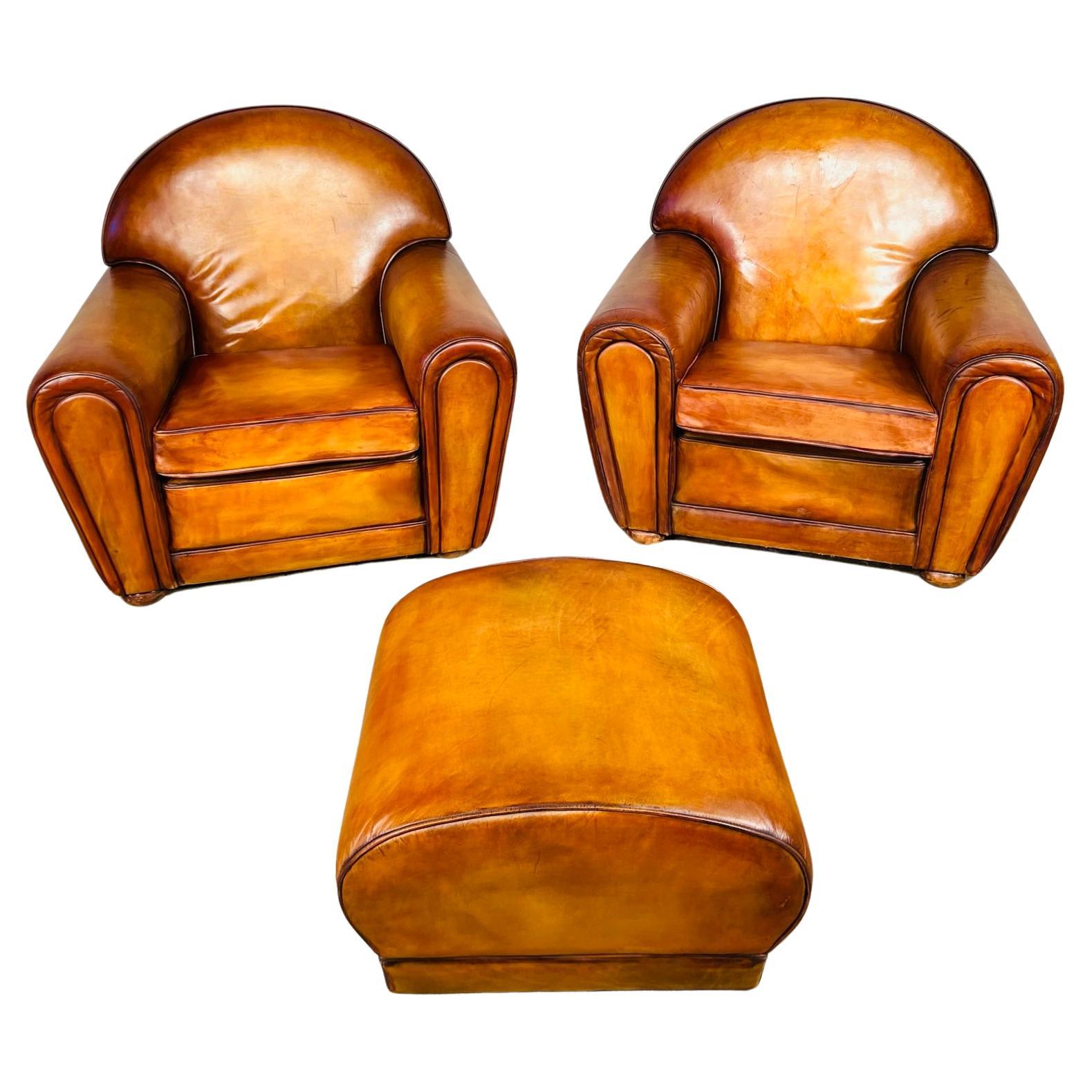 Huge Pair of Art Deco Leather Club Chairs Armchairs and Foot Stool 1940s #668
