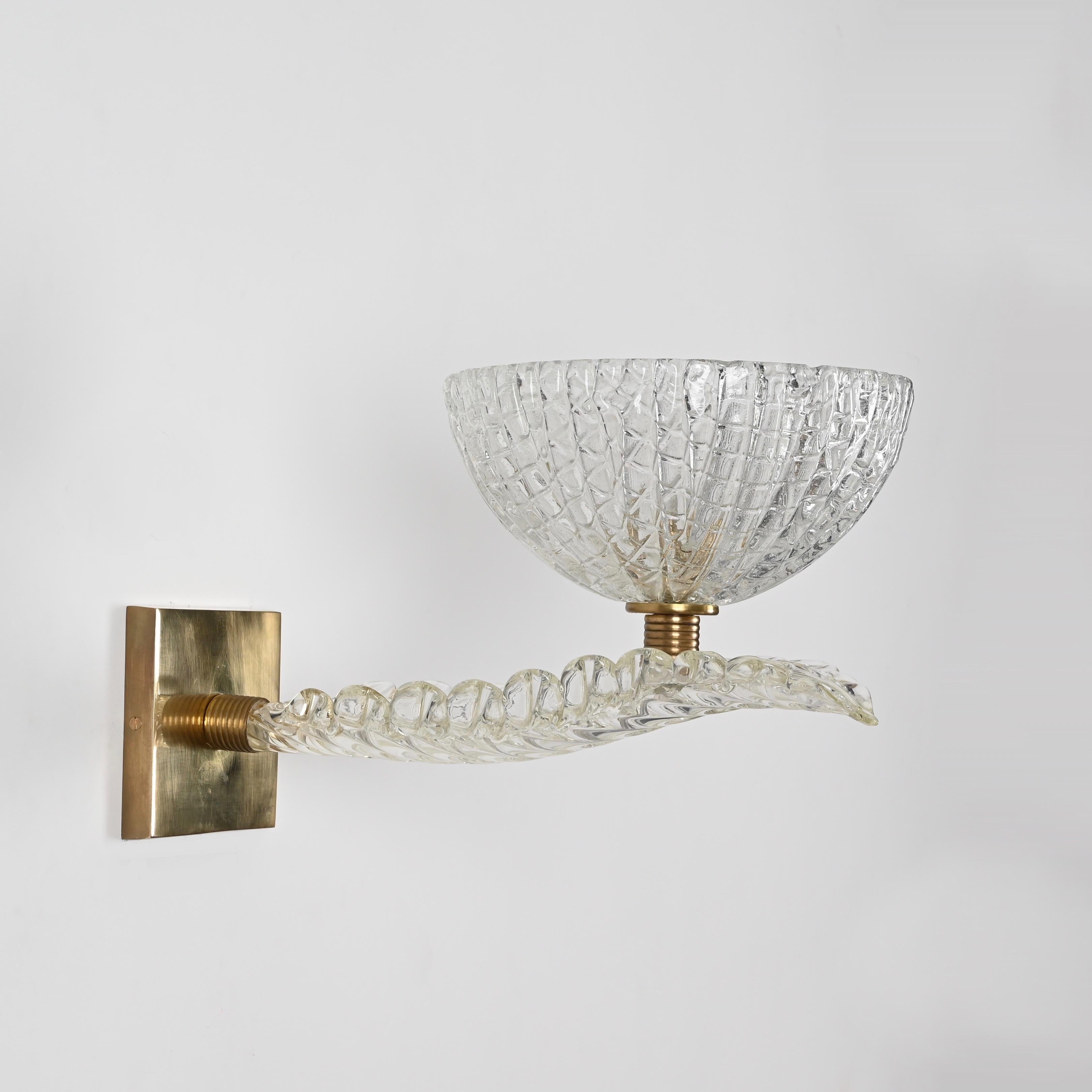 Huge Pair of Barovier Murano Leaf Glass and Brass Sconces, Italy 1950s For Sale 5