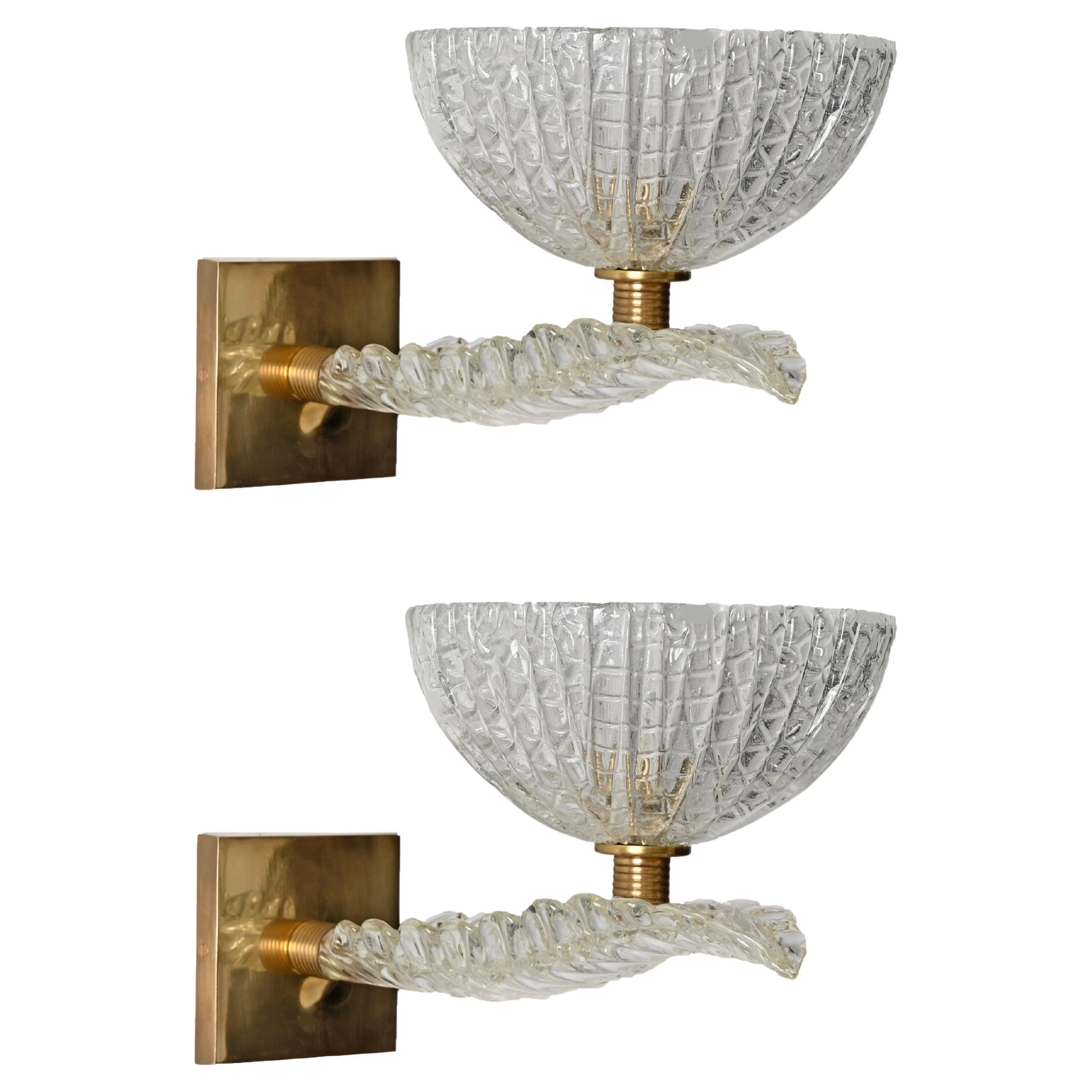 Huge Pair of Barovier Murano Leaf Glass and Brass Sconces, Italy 1950s For Sale 10
