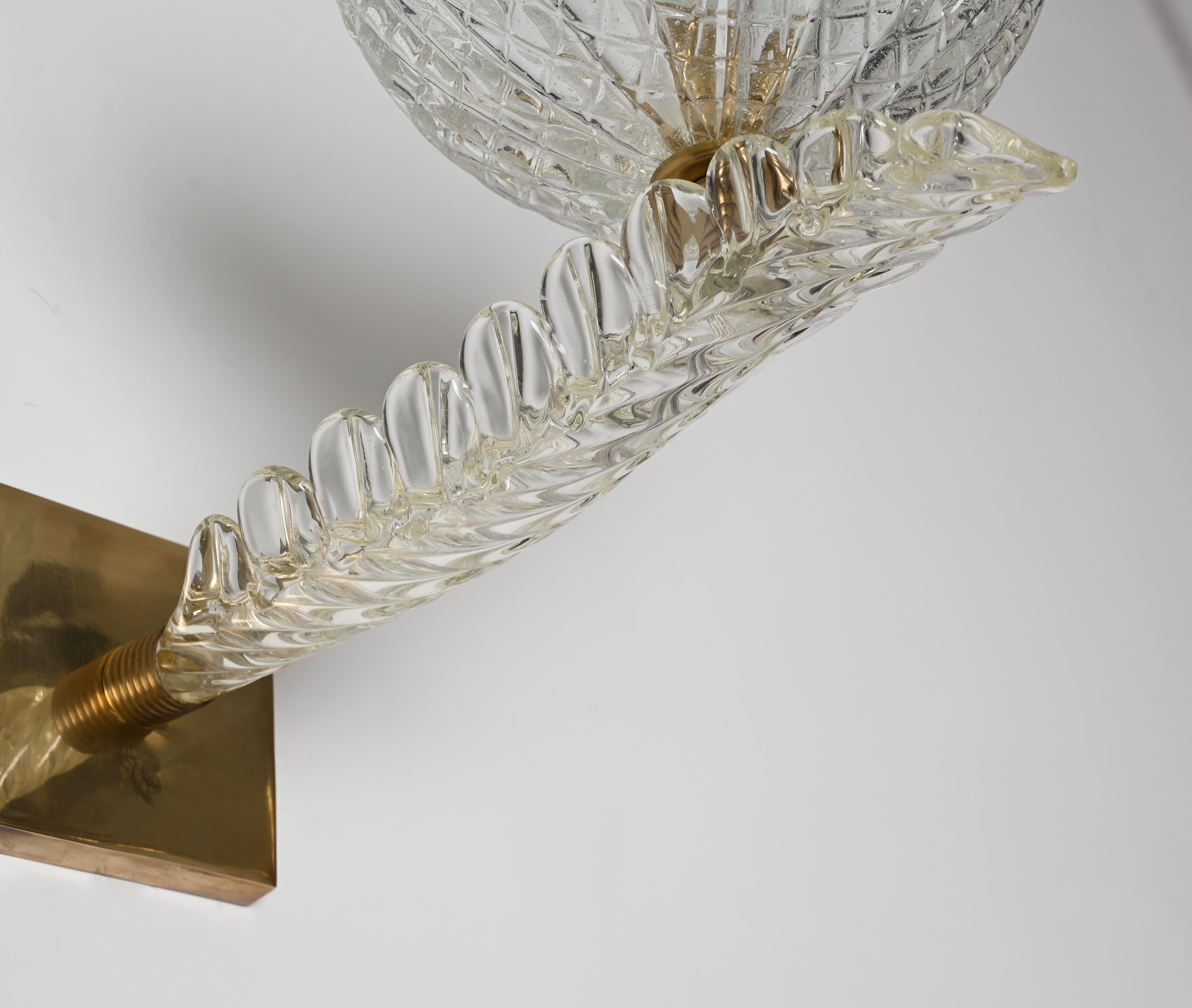 Mid-Century Modern Huge Pair of Barovier Murano Leaf Glass and Brass Sconces, Italy 1950s For Sale