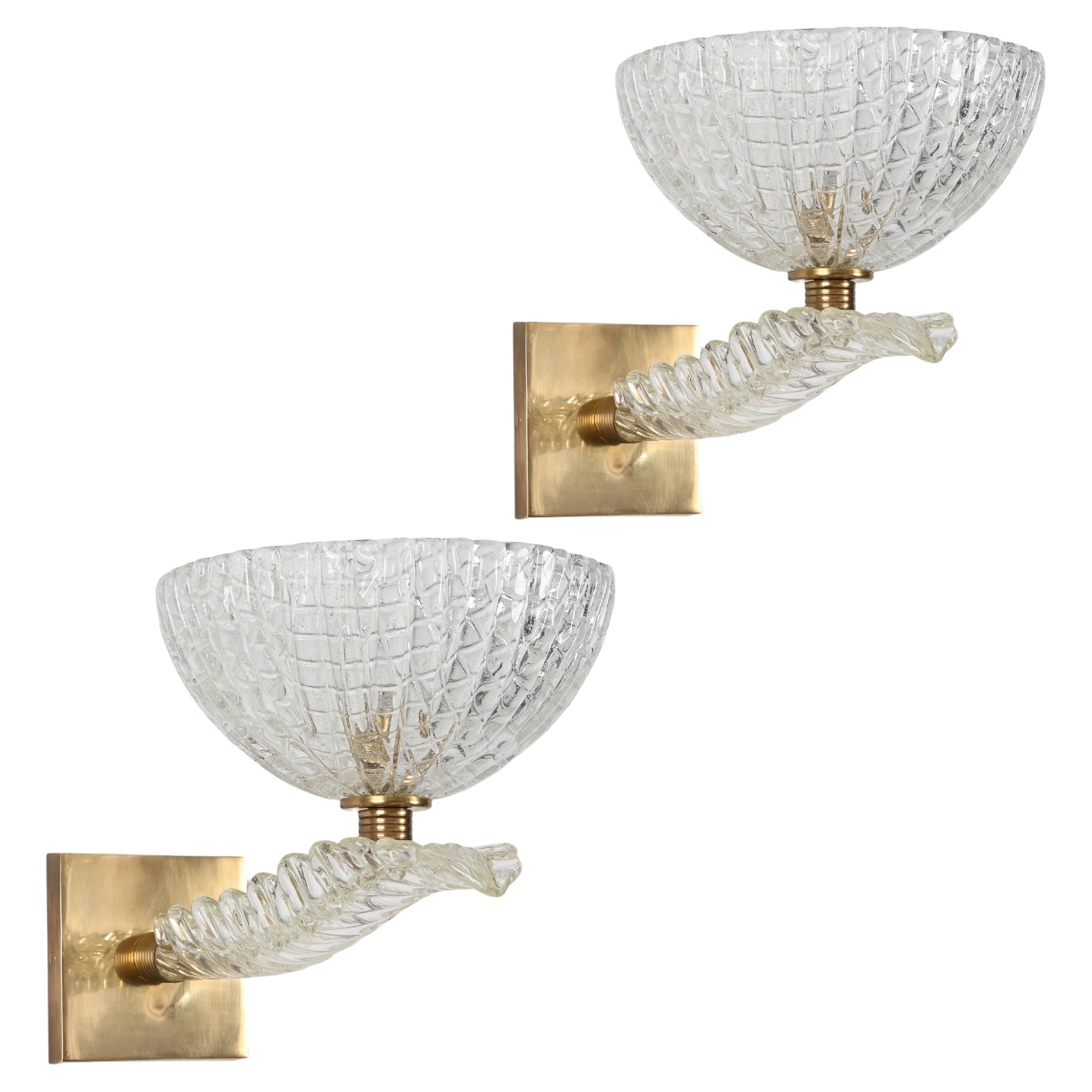 Huge Pair of Barovier Murano Leaf Glass and Brass Sconces, Italy 1950s For Sale