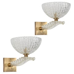 Vintage Huge Pair of Barovier Murano Leaf Glass and Brass Sconces, Italy 1950s