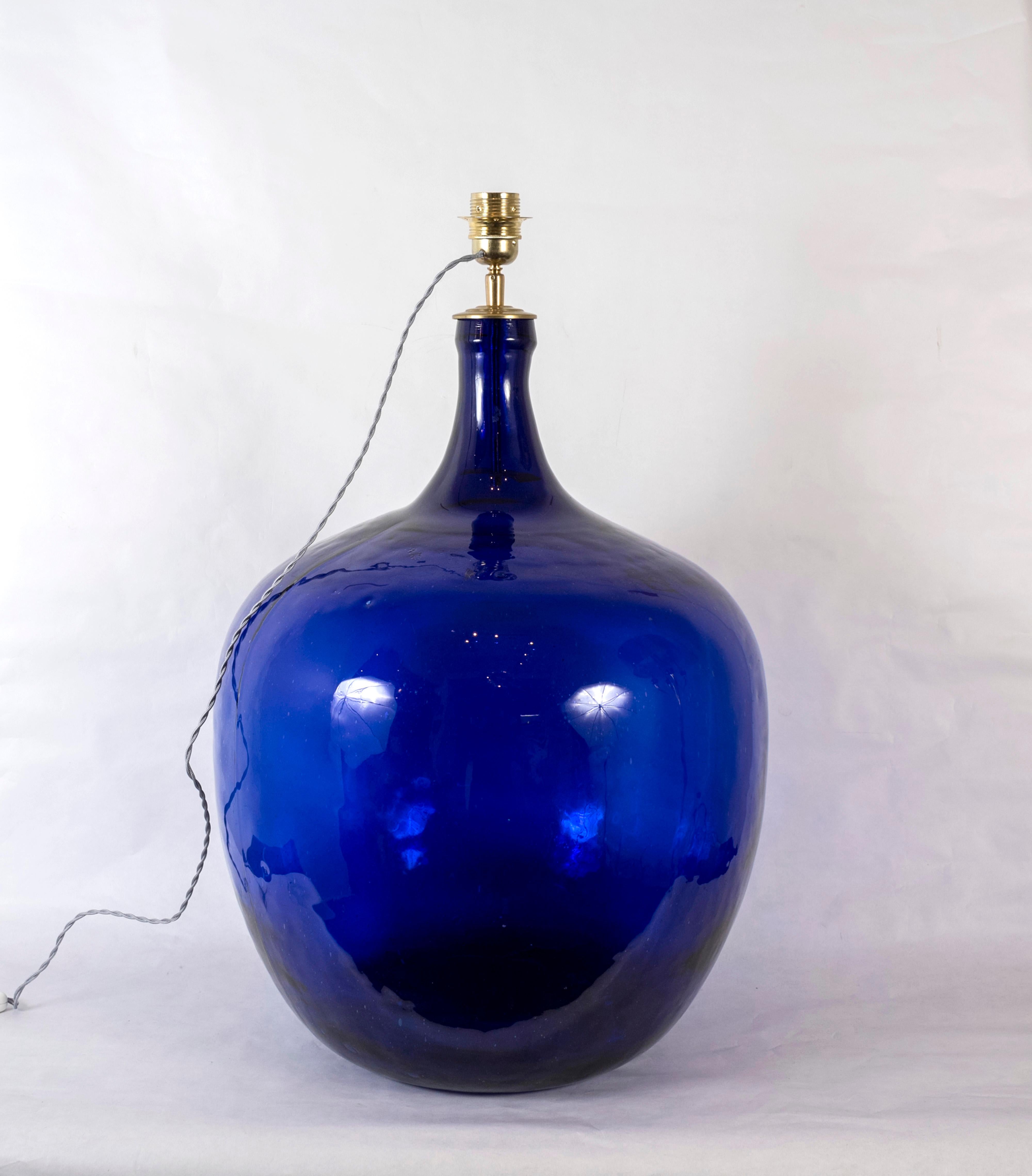 French Huge Pair of Blue Glass Lamps