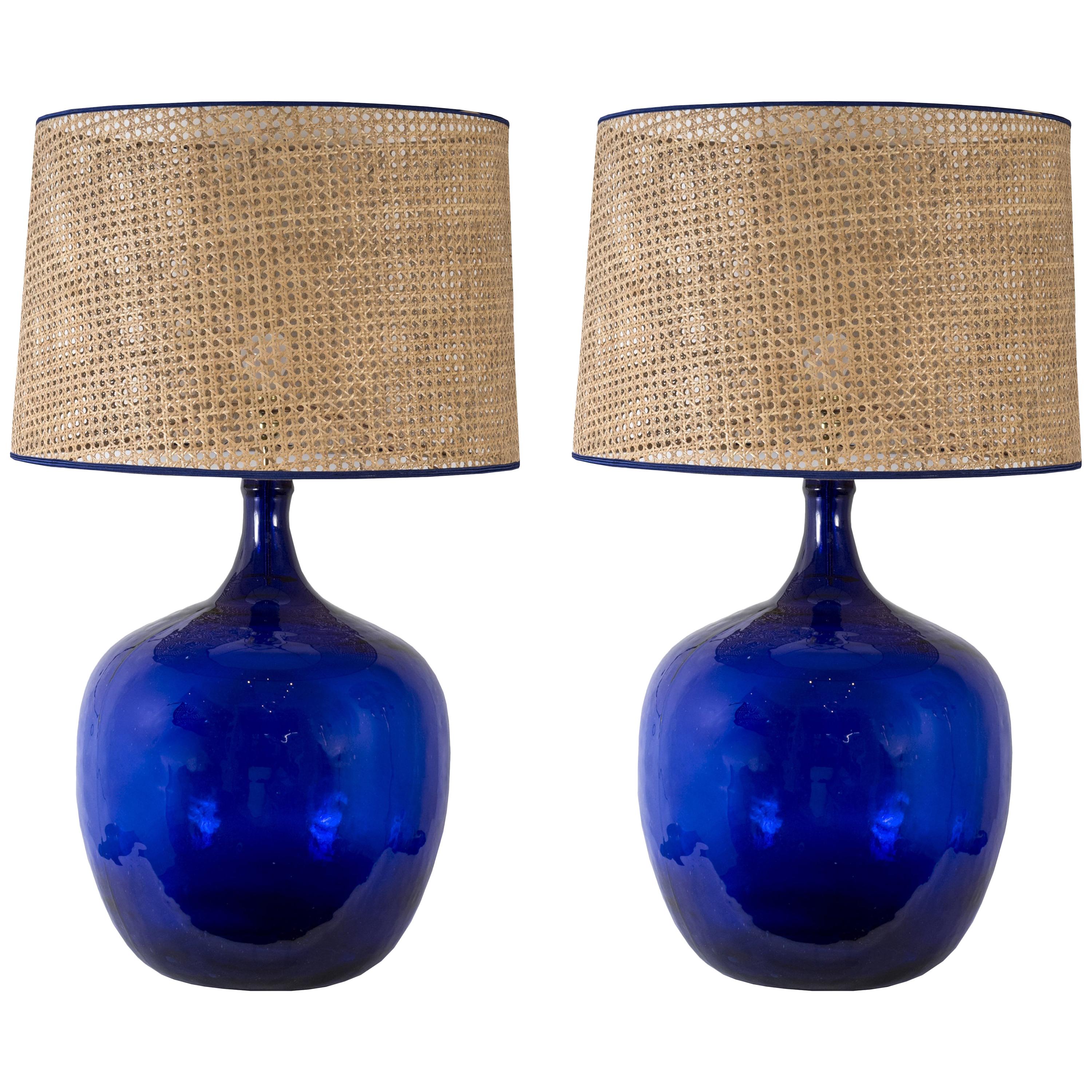 Huge Pair of Blue Glass Lamps