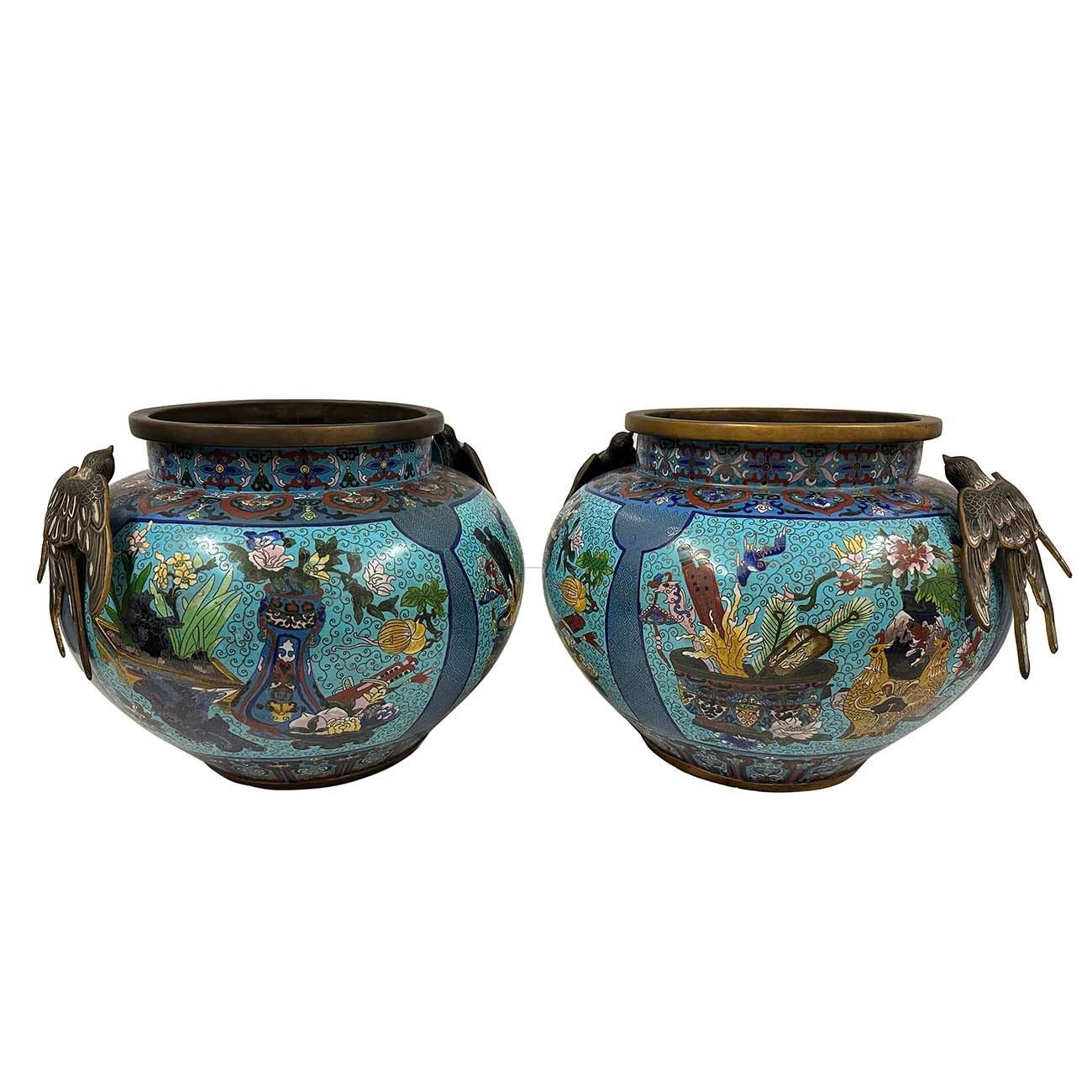 Cloissoné Huge Pair of Early 20th Century Antique Chinese Cloisonne Pots/Vases For Sale