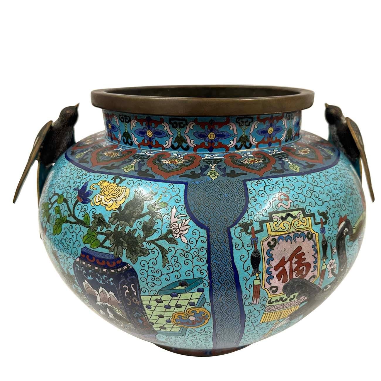Huge Pair of Early 20th Century Antique Chinese Cloisonne Pots/Vases In Good Condition For Sale In Pomona, CA