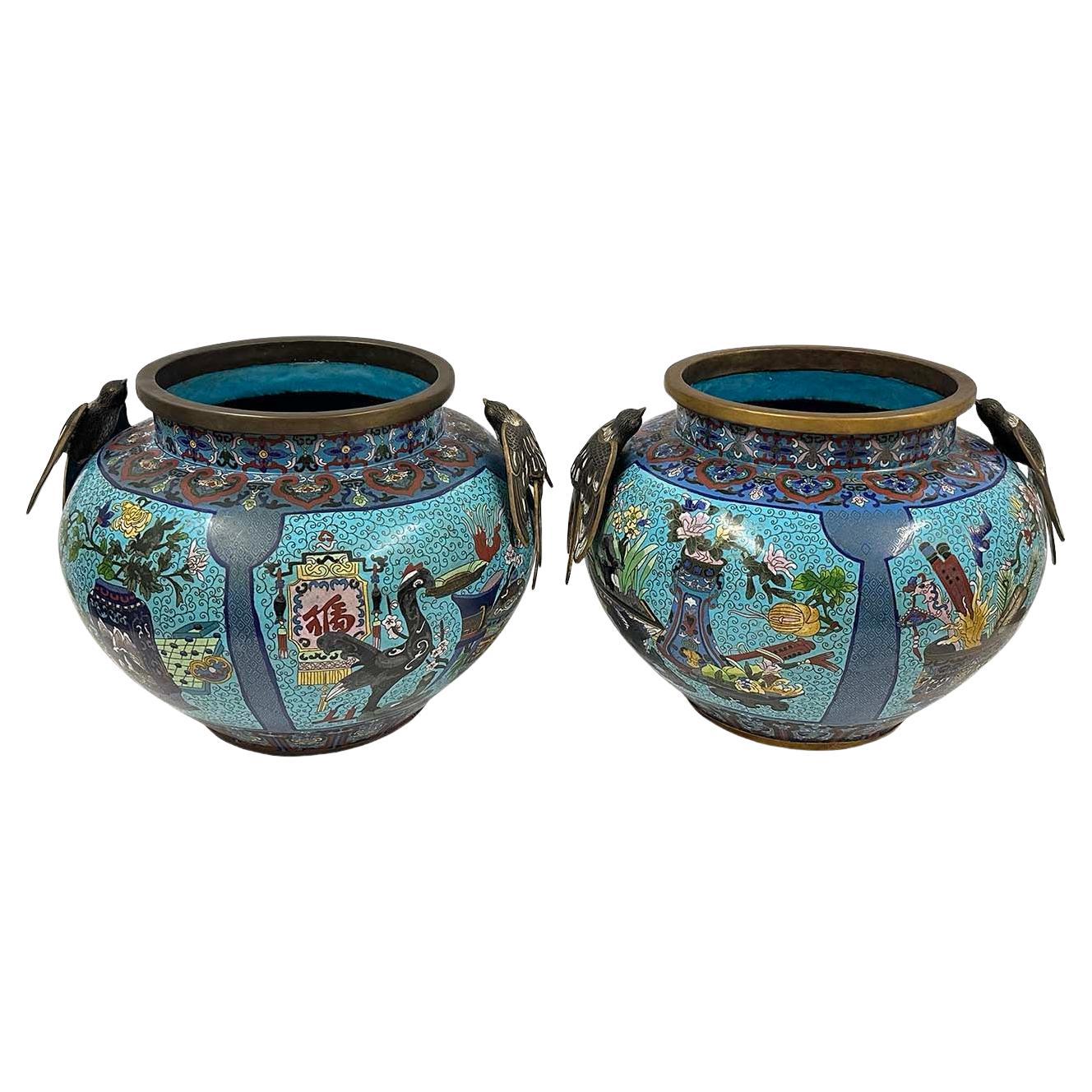 Huge Pair of Early 20th Century Antique Chinese Cloisonne Pots/Vases