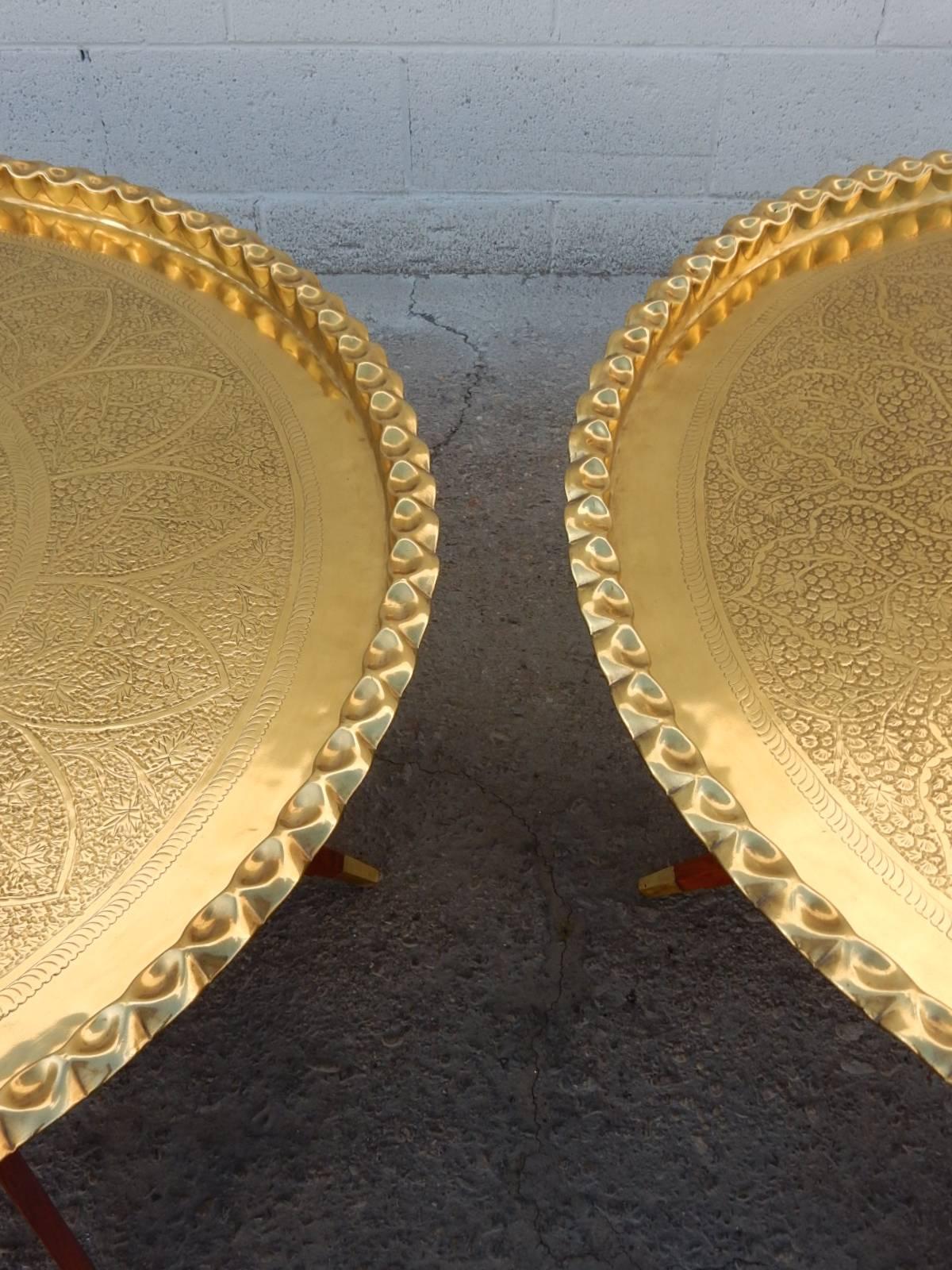 Moorish Huge Pair of Exotic Moroccan Brass Tray and Teak Campaign Coffee Tables