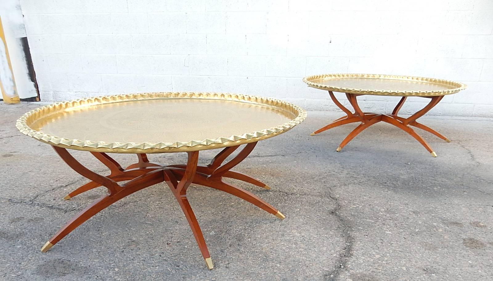 Huge Pair of Exotic Moroccan Brass Tray and Teak Campaign Coffee Tables In Good Condition In Las Vegas, NV