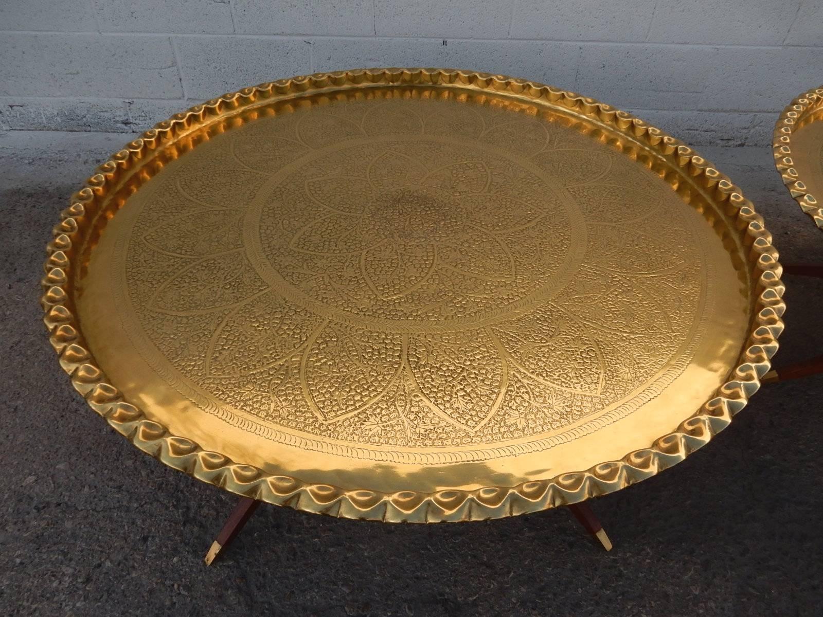 Mid-20th Century Huge Pair of Exotic Moroccan Brass Tray and Teak Campaign Coffee Tables