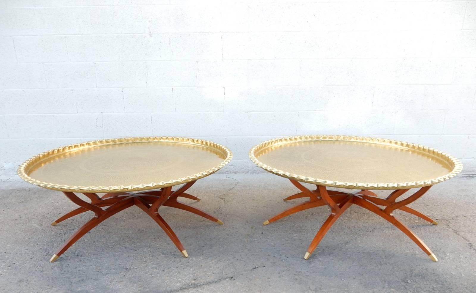 Huge Pair of Exotic Moroccan Brass Tray and Teak Campaign Coffee Tables 1