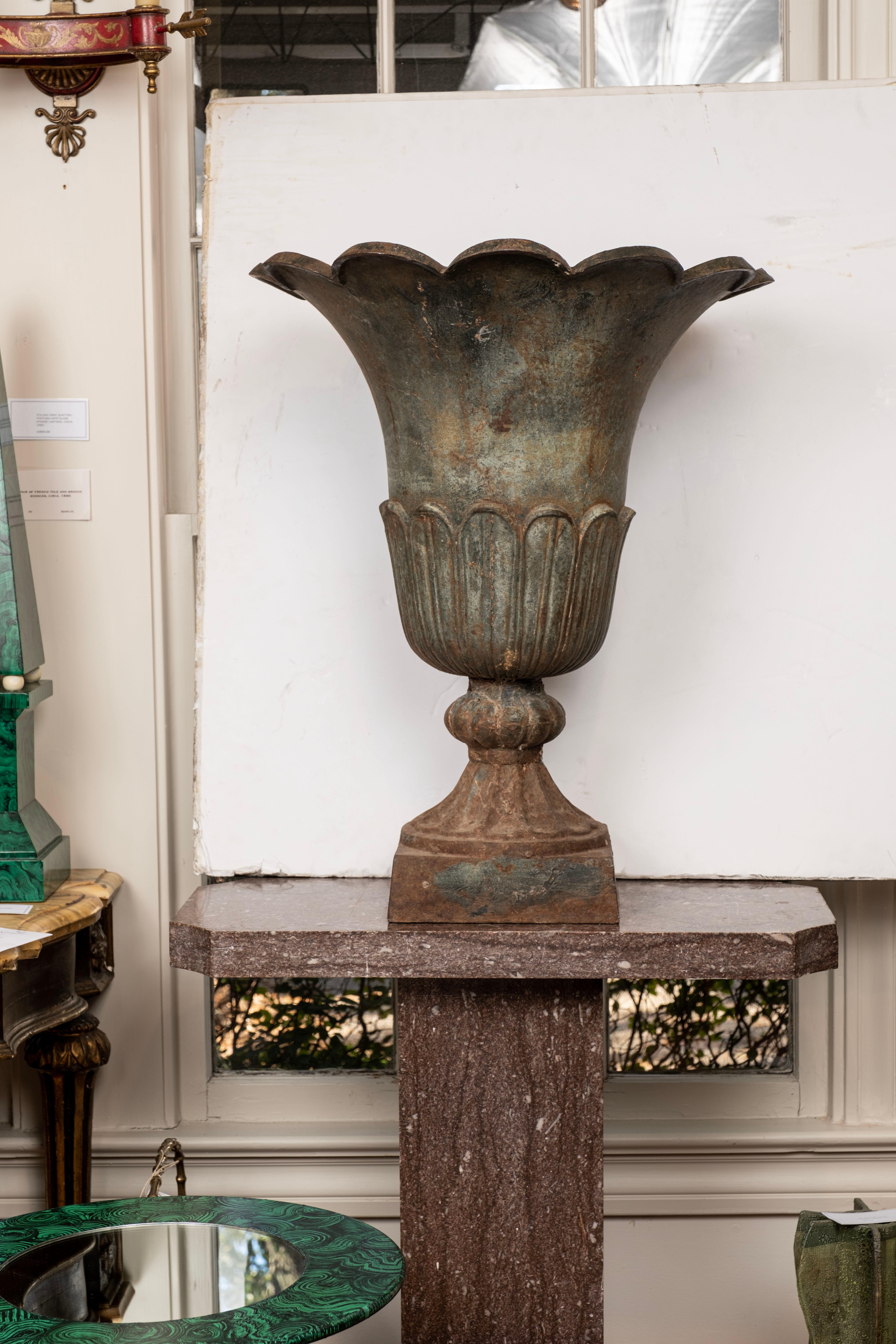 Monumental Pair of French Art Deco Cast Iron Garden Urns or Planters.
These are a stunning pair of French Art Deco iron garden urns, planters, jardinieres. 
Great Art Deco design with beautiful lines in this pair of French Art Deco garden