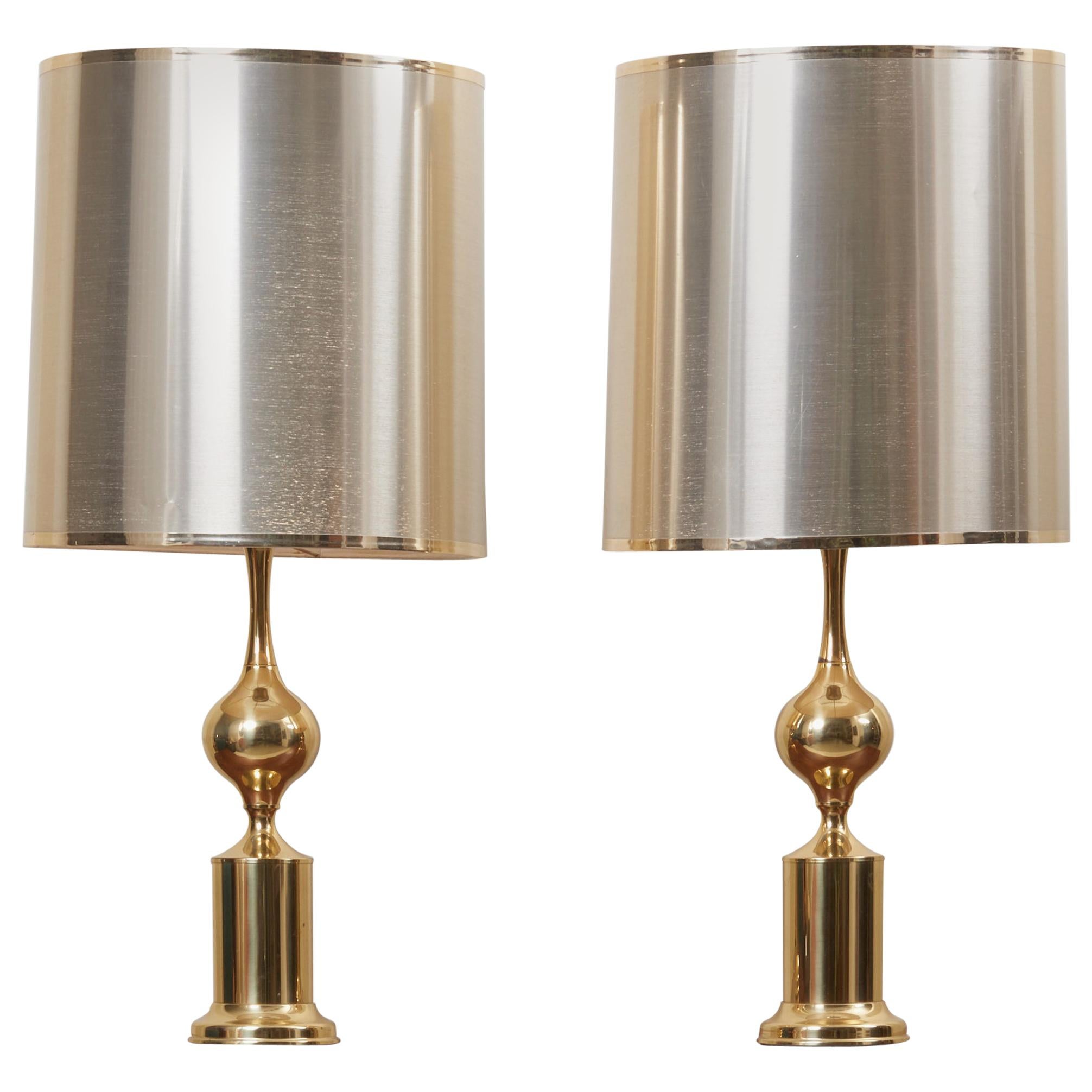 Huge Pair of Hollywood Regency Design Table Lamps in Brass with Metallic Shade