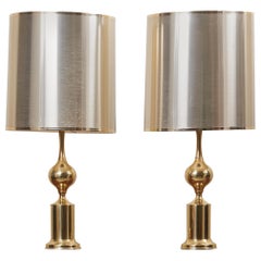 Huge Pair of Hollywood Regency Design Table Lamps in Brass with Metallic Shade