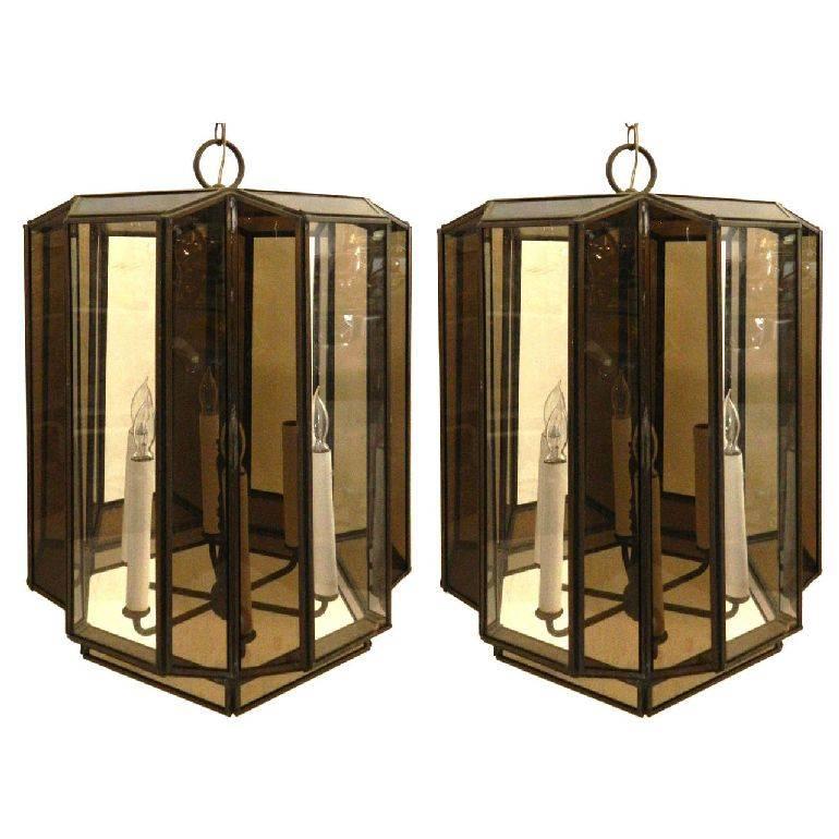 Huge Pair of Brass & Glass Lanterns Mid-Century Modern 1970