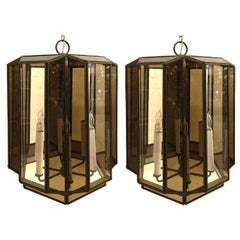 Retro Huge Pair of Brass & Glass Lanterns Mid-Century Modern 1970