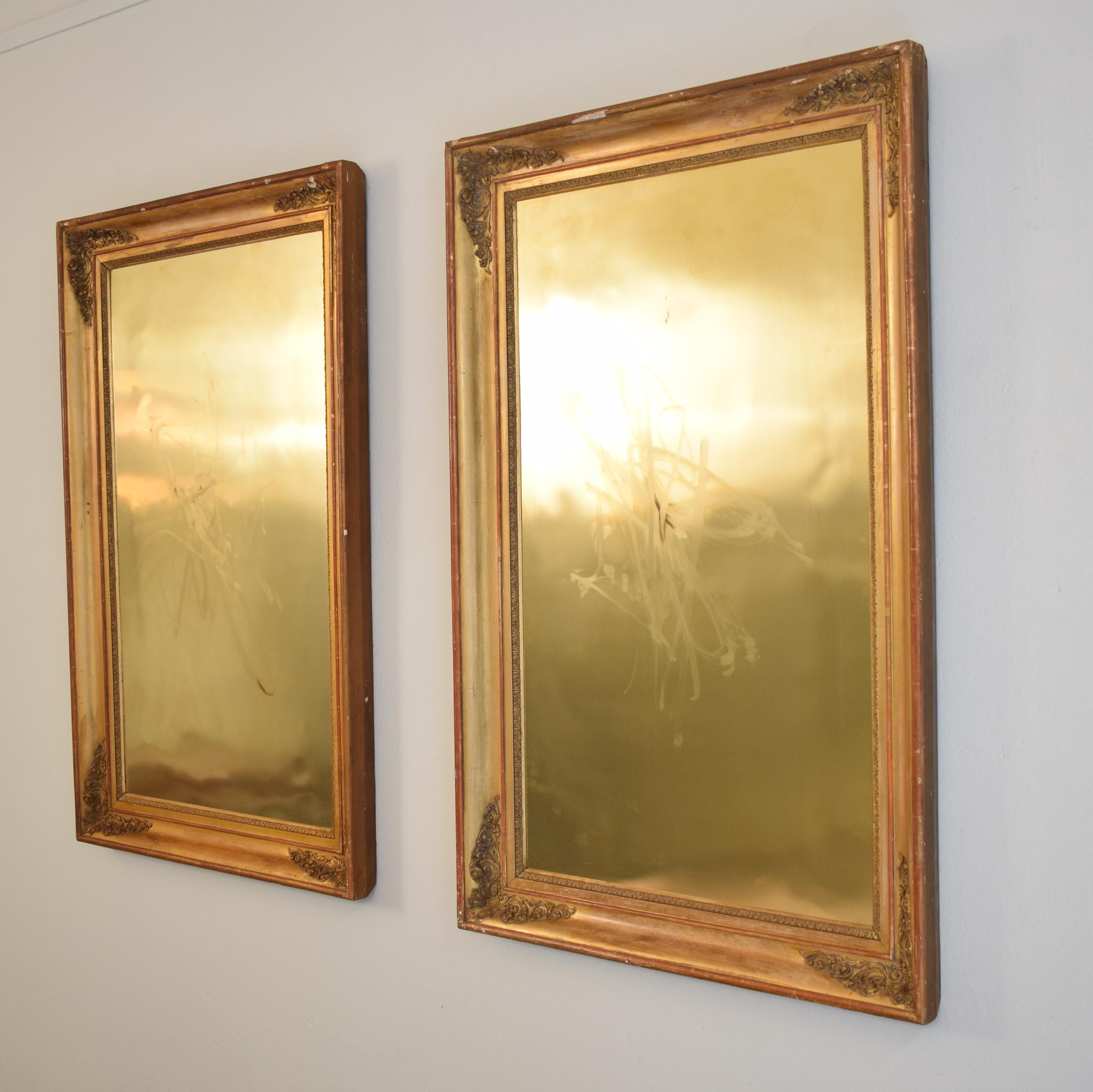 Those Modern Abstract Paintings are done on brass. It was painted with grease so the brass will change over the time.
The huge pair of late 19th century frames have beautiful details and water gilding and are in original condition.
Each frame is: