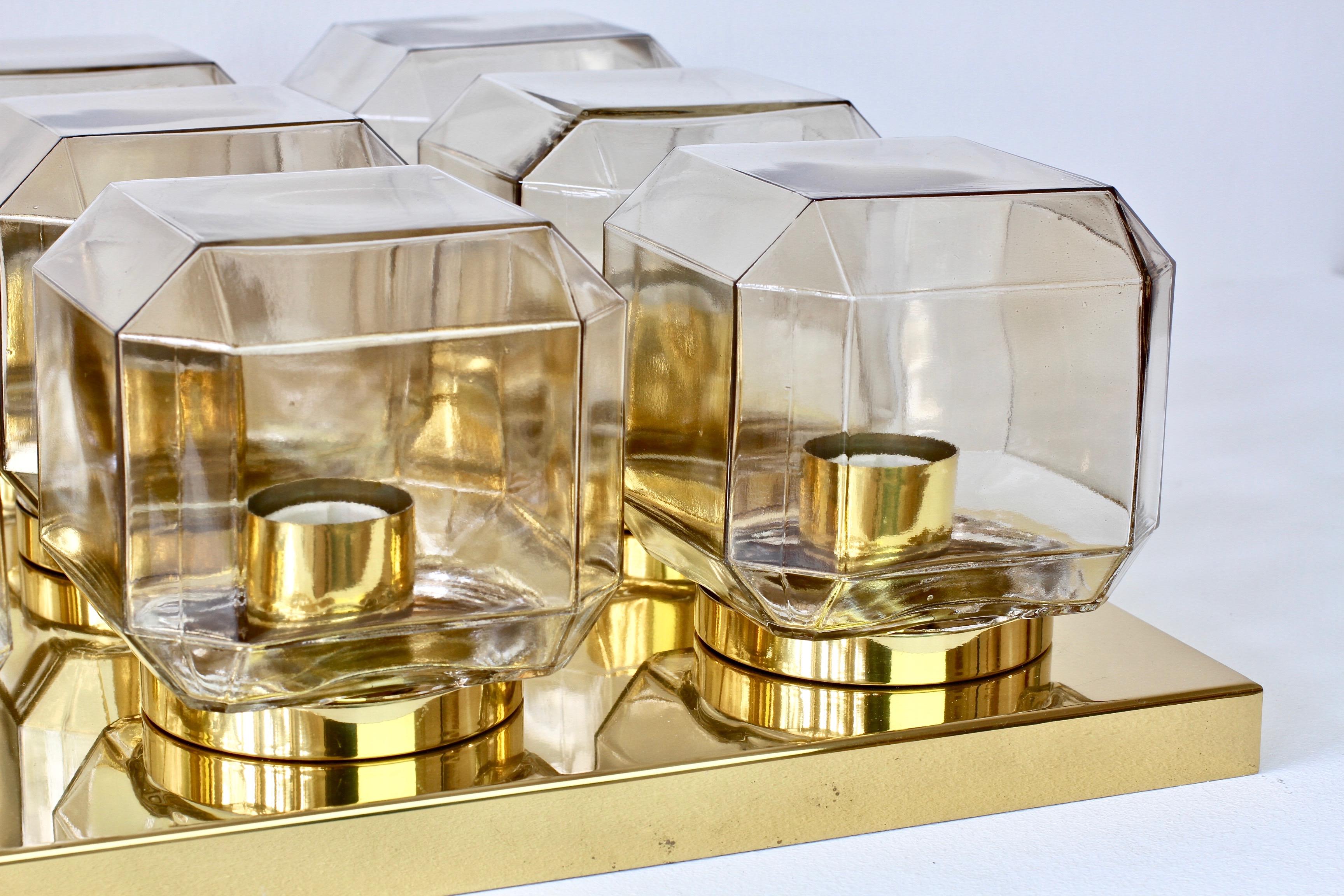 Huge Pair of Limburg Vintage Geometric Champagne Toned Glass & Brass Flush Mount For Sale 3
