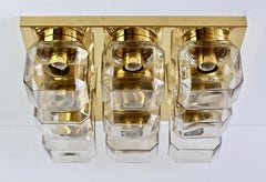 Huge Pair of Limburg Vintage Geometric Champagne Toned Glass & Brass Flush Mount