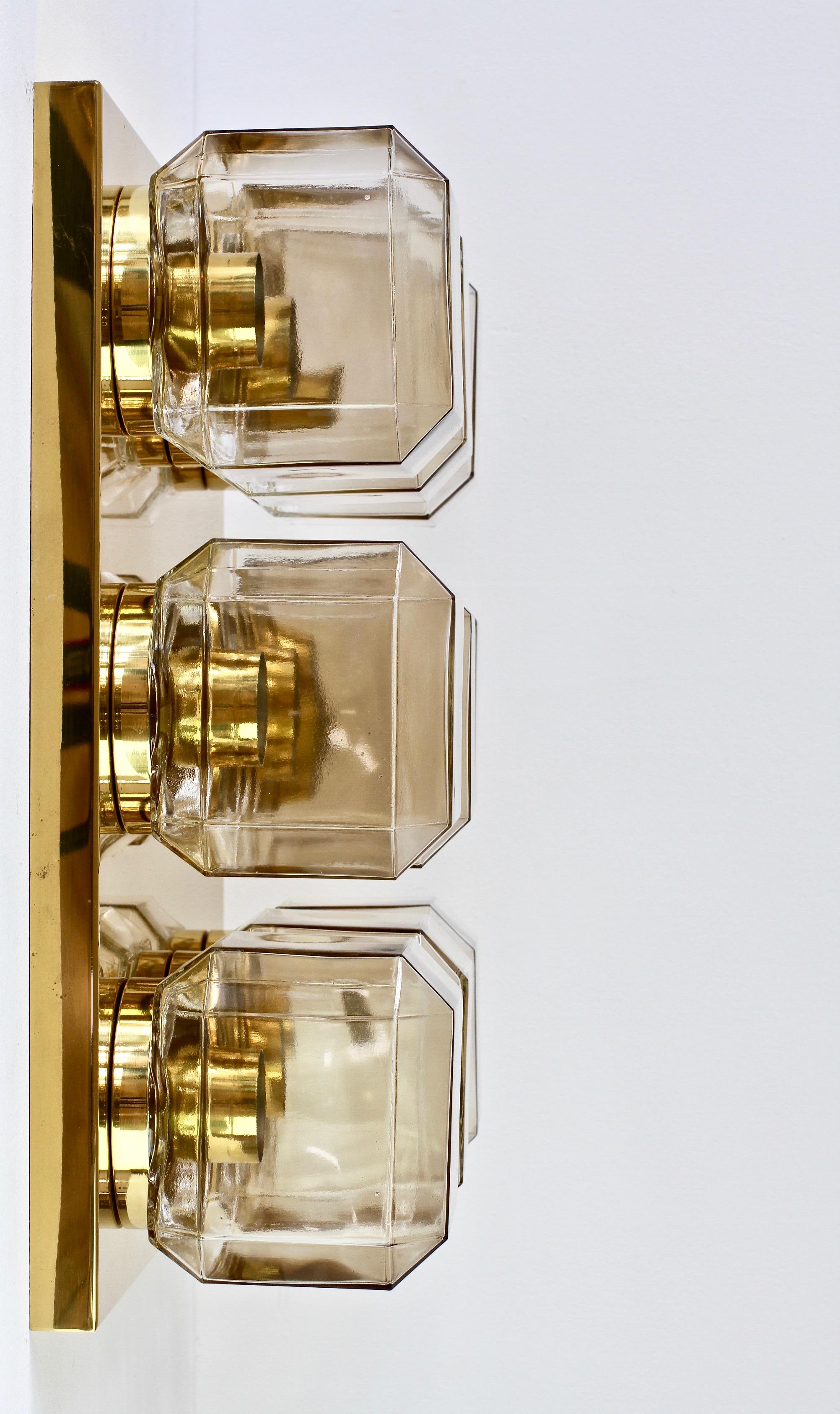 Molded Huge Pair of Limburg Vintage Geometric Champagne Toned Glass & Brass Flush Mount For Sale