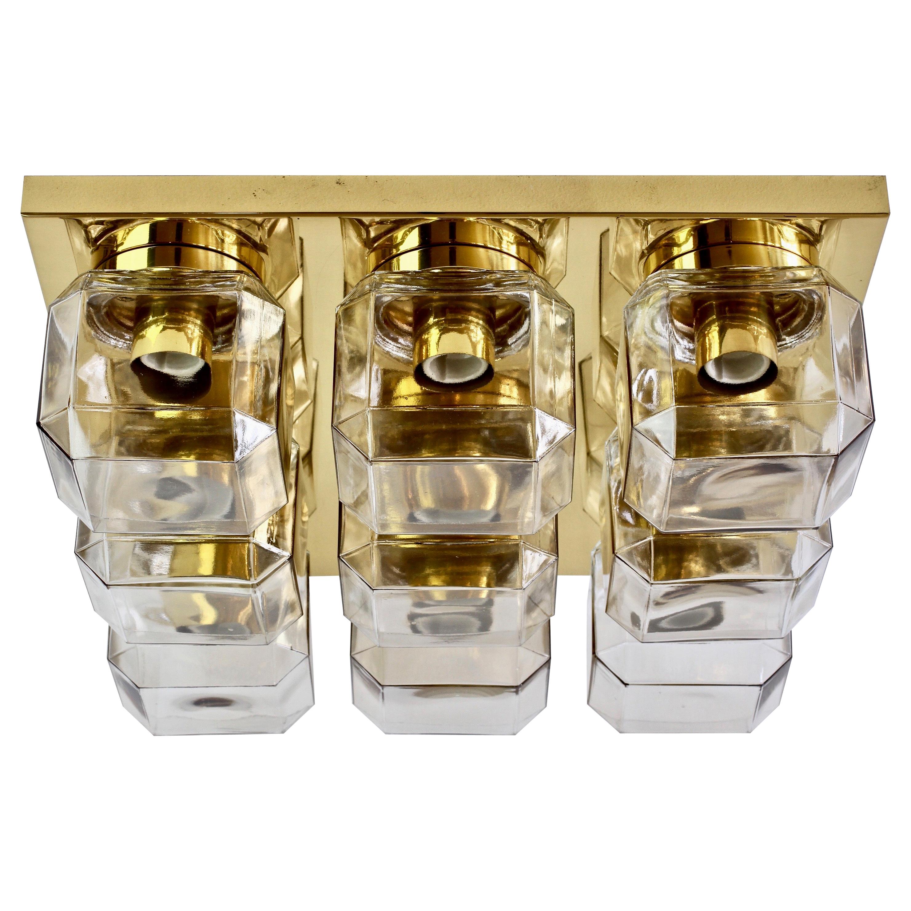 Huge Pair of Limburg Vintage Geometric Champagne Toned Glass & Brass Flush Mount For Sale