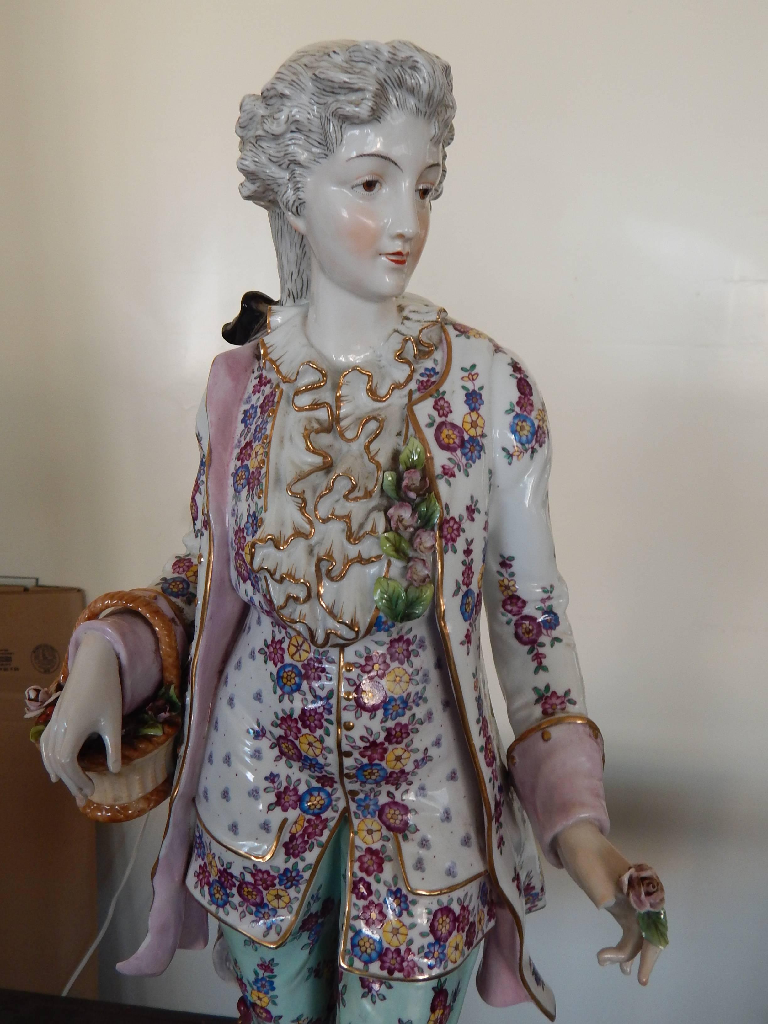Huge Pair of Meissen Style Hand-Painted Porcelain Figures In Good Condition In Bridgeport, CT
