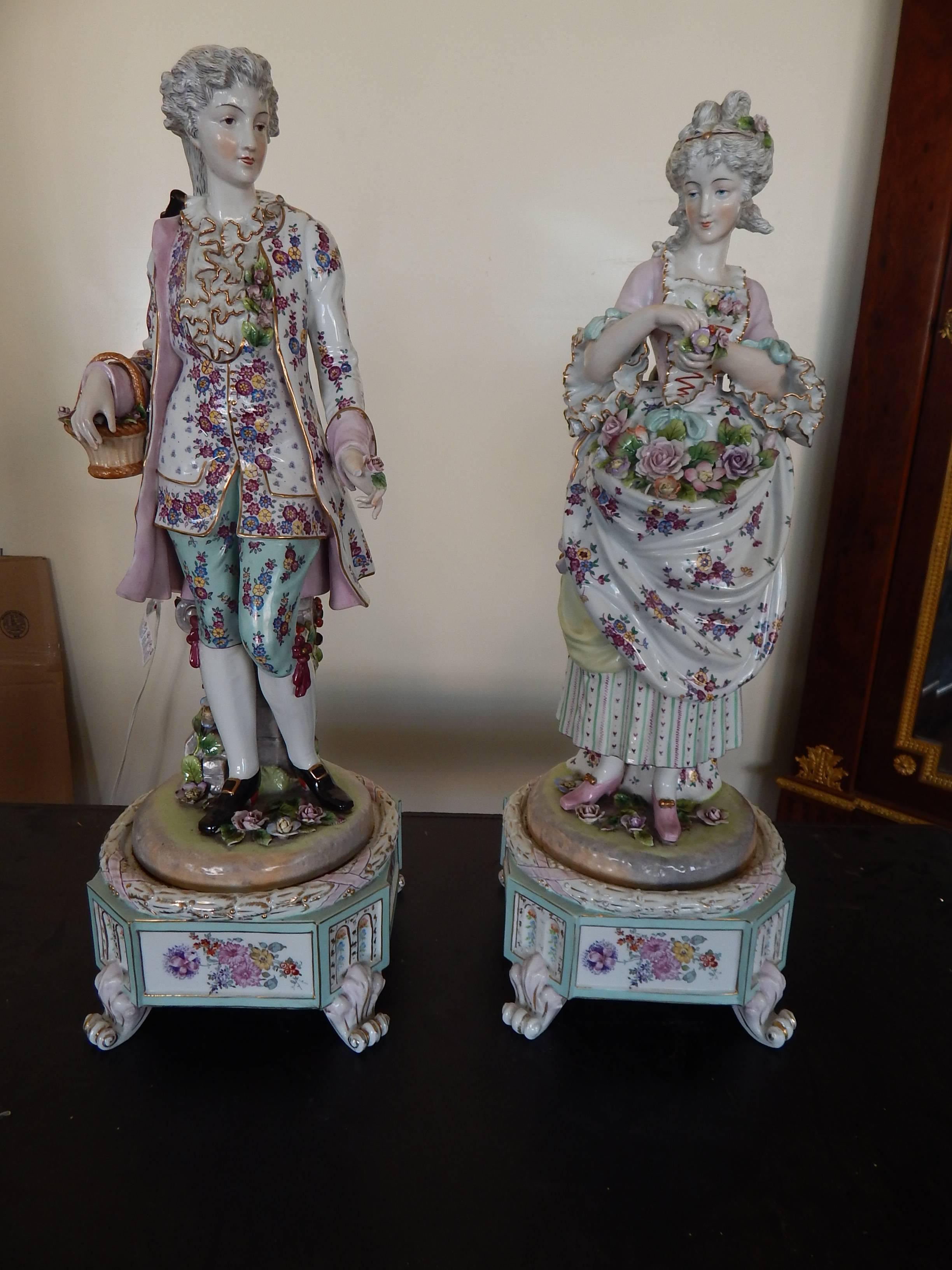 20th Century Huge Pair of Meissen Style Hand-Painted Porcelain Figures