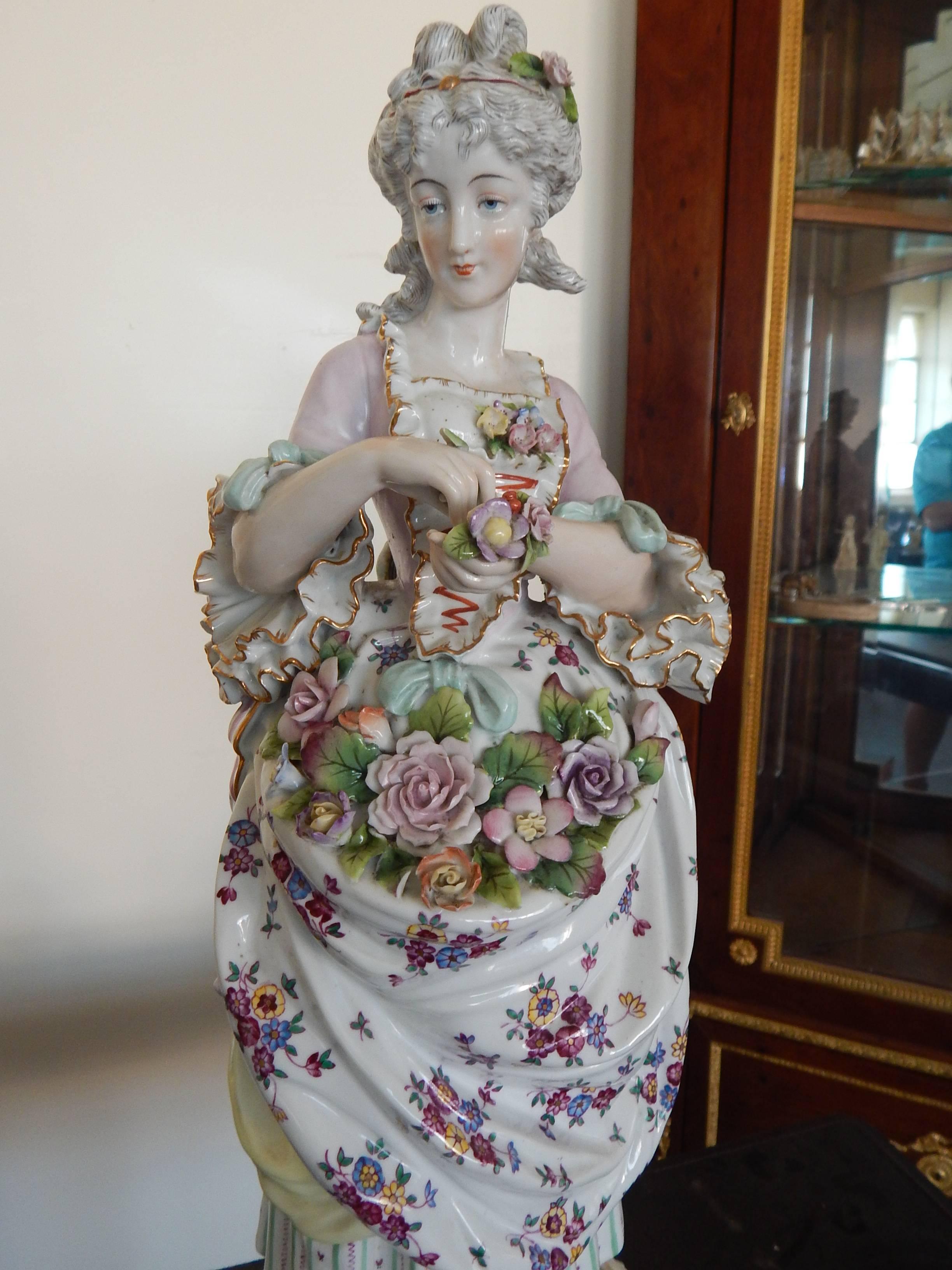 Huge Pair of Meissen Style Hand-Painted Porcelain Figures 3